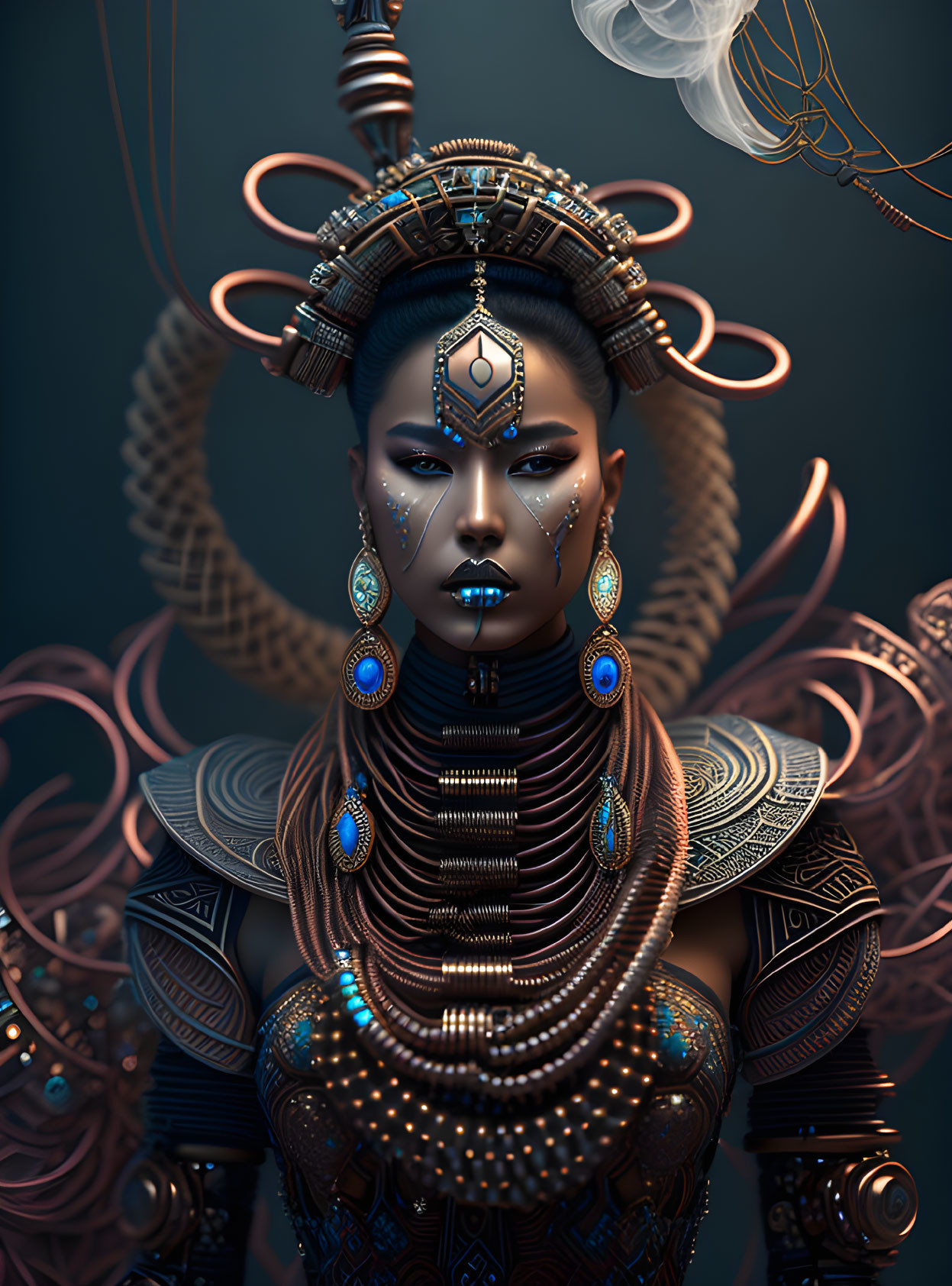 Detailed digital artwork of woman in tribal jewelry & headdress on dark background