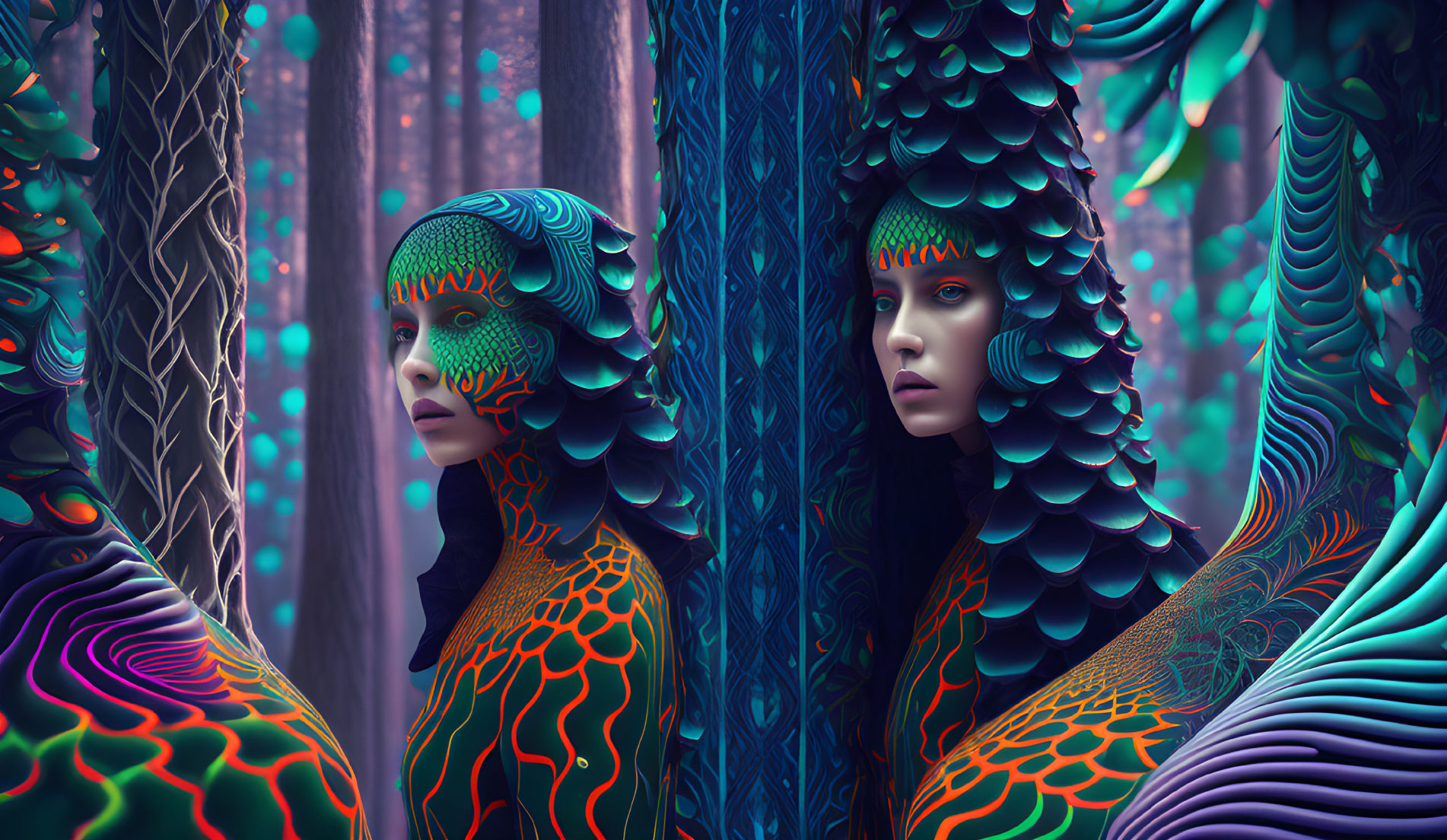 Colorful Stylized Figures Among Surreal Flora Patterns