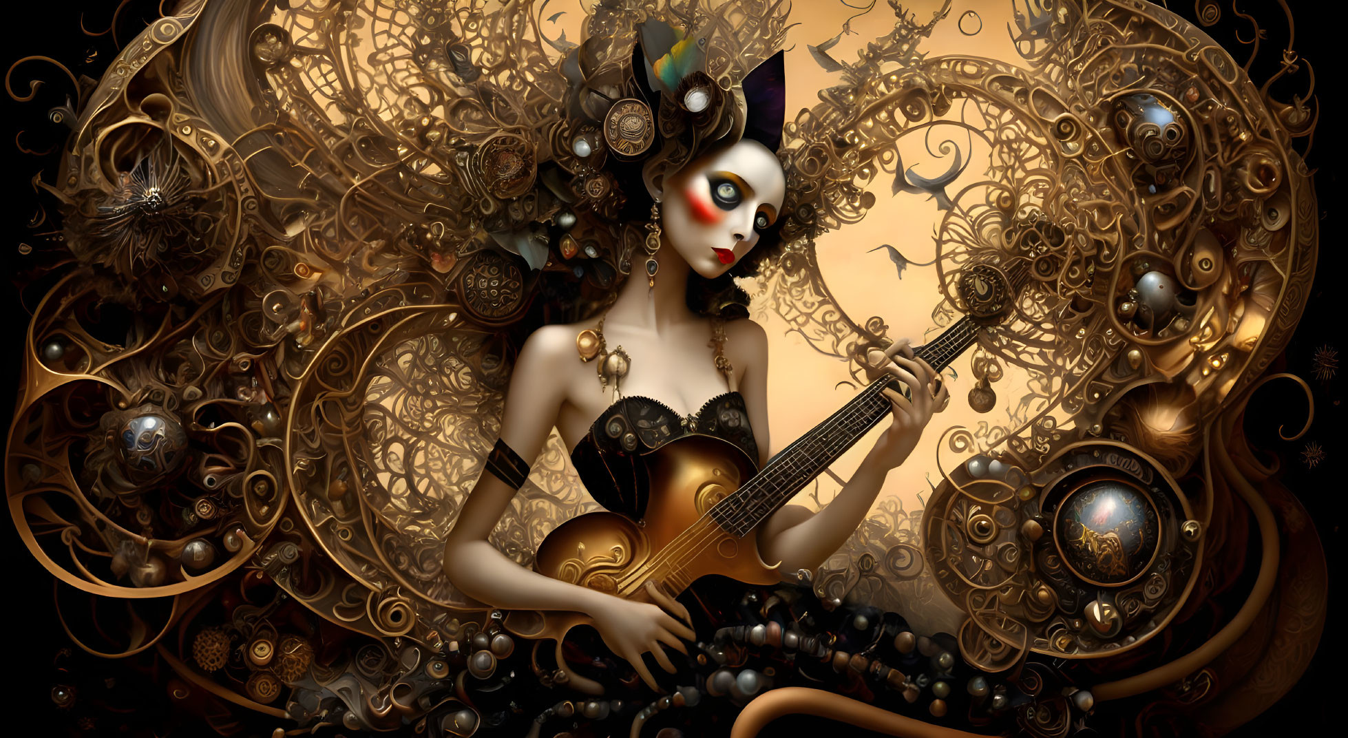 Stylized woman with red eyes holding lute in surreal steampunk setting