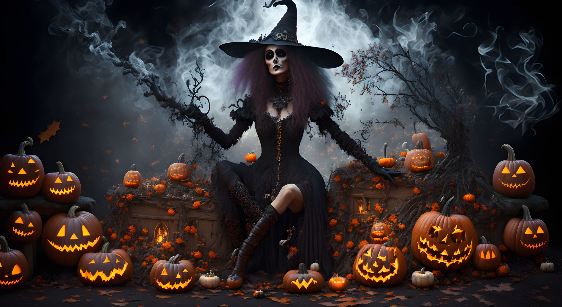 Skeletal-faced witch surrounded by pumpkins in spooky Halloween scene