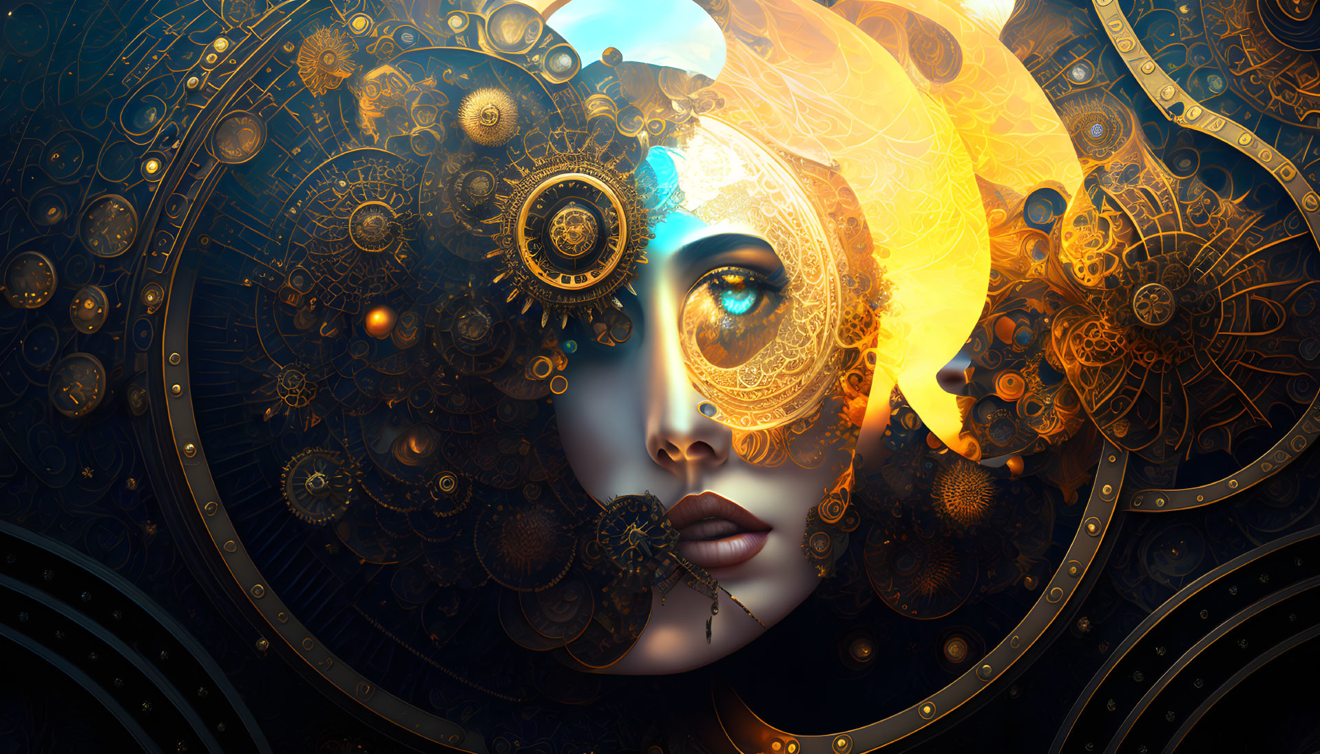 Woman's face merges with golden gears in surreal cosmic artwork