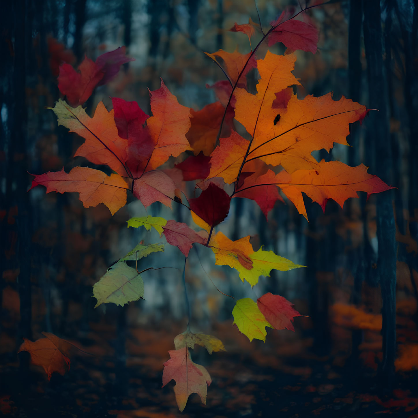 Colorful Autumn Leaves Against Dark Forest Backdrop