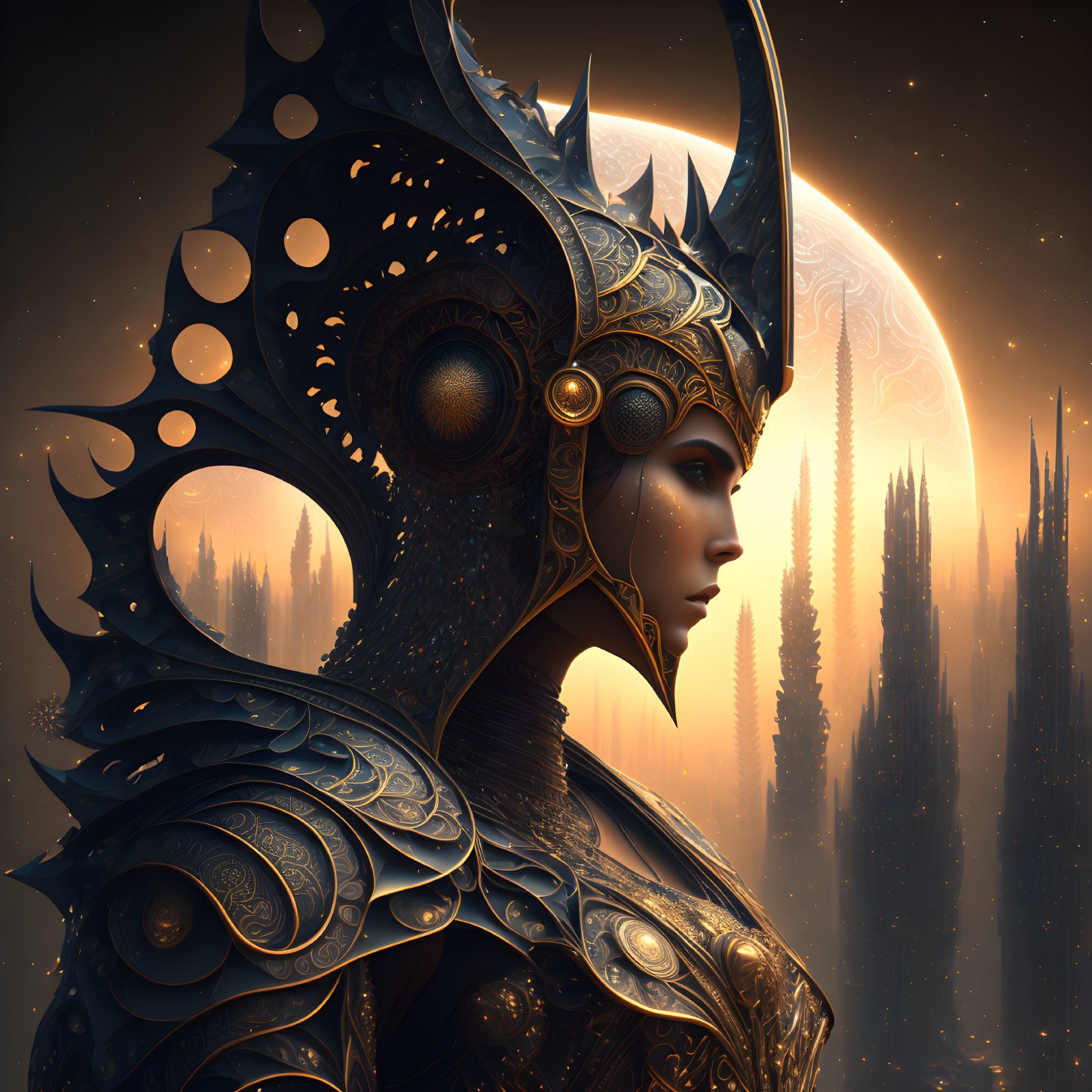 Person in ornate helmet with fantasy armor against moonlit spires