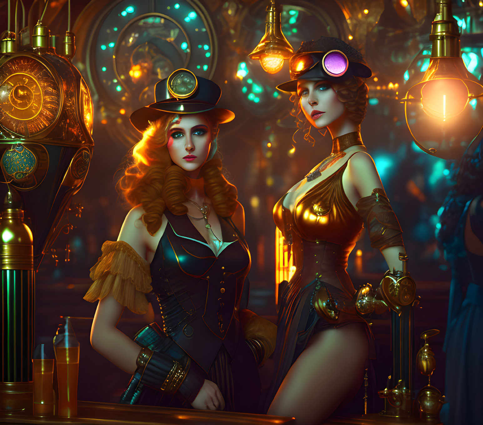 Steampunk-themed image of two women in bar with vintage mechanical devices