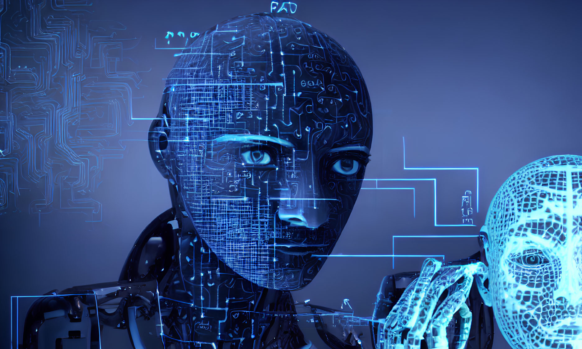 Digital art: humanoid robots with circuit patterns on faces on blue futuristic background