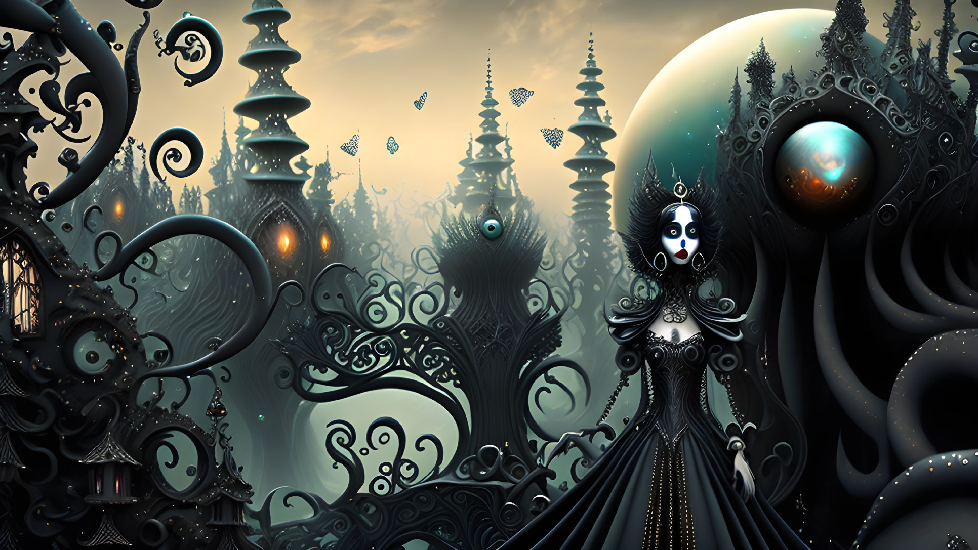 Dark Gothic Fantasy Landscape with Female Character and Intricate Towers