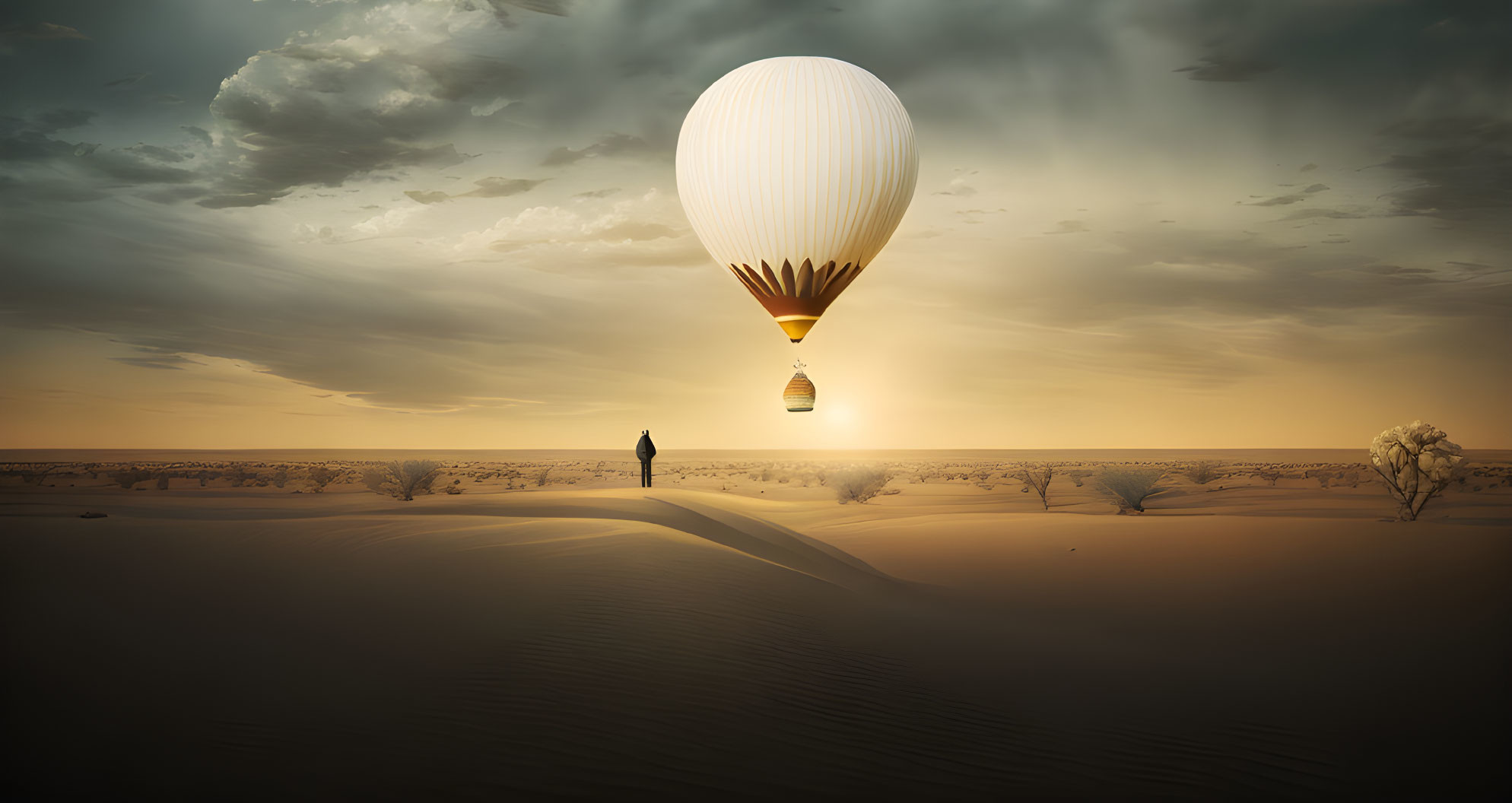 Person watching hot air balloon in desert sunset.