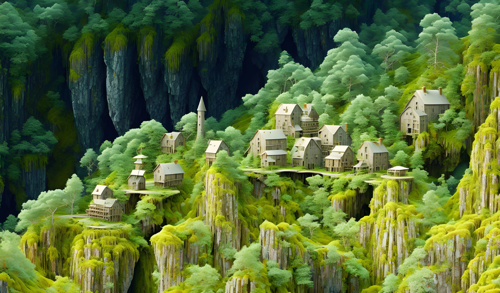 Fantasy village with quaint houses and tower on lush green cliffs