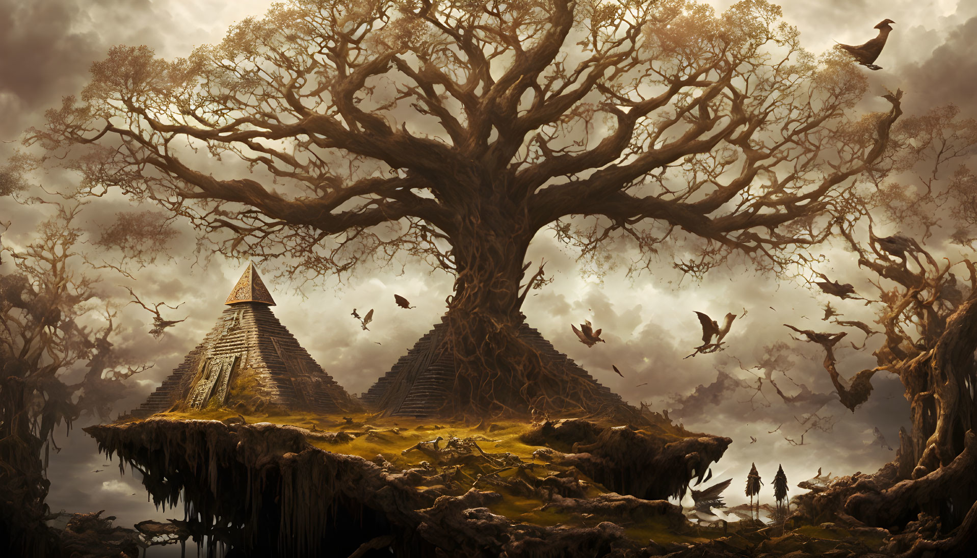 Ancient tree overlooking mystical landscape with pyramid-like structure