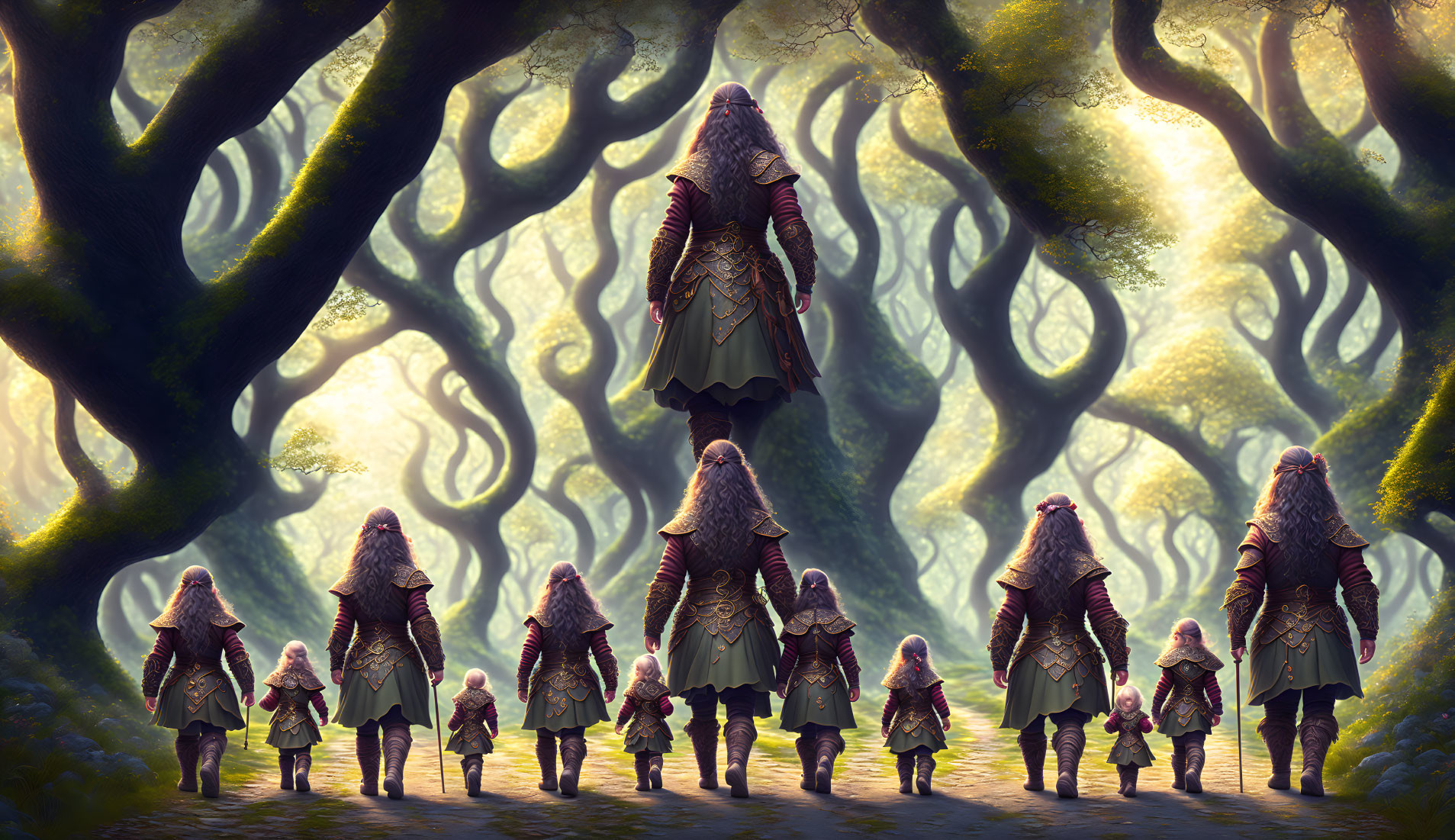 Cloaked Figures in Ethereal Forest with Twisted Trees