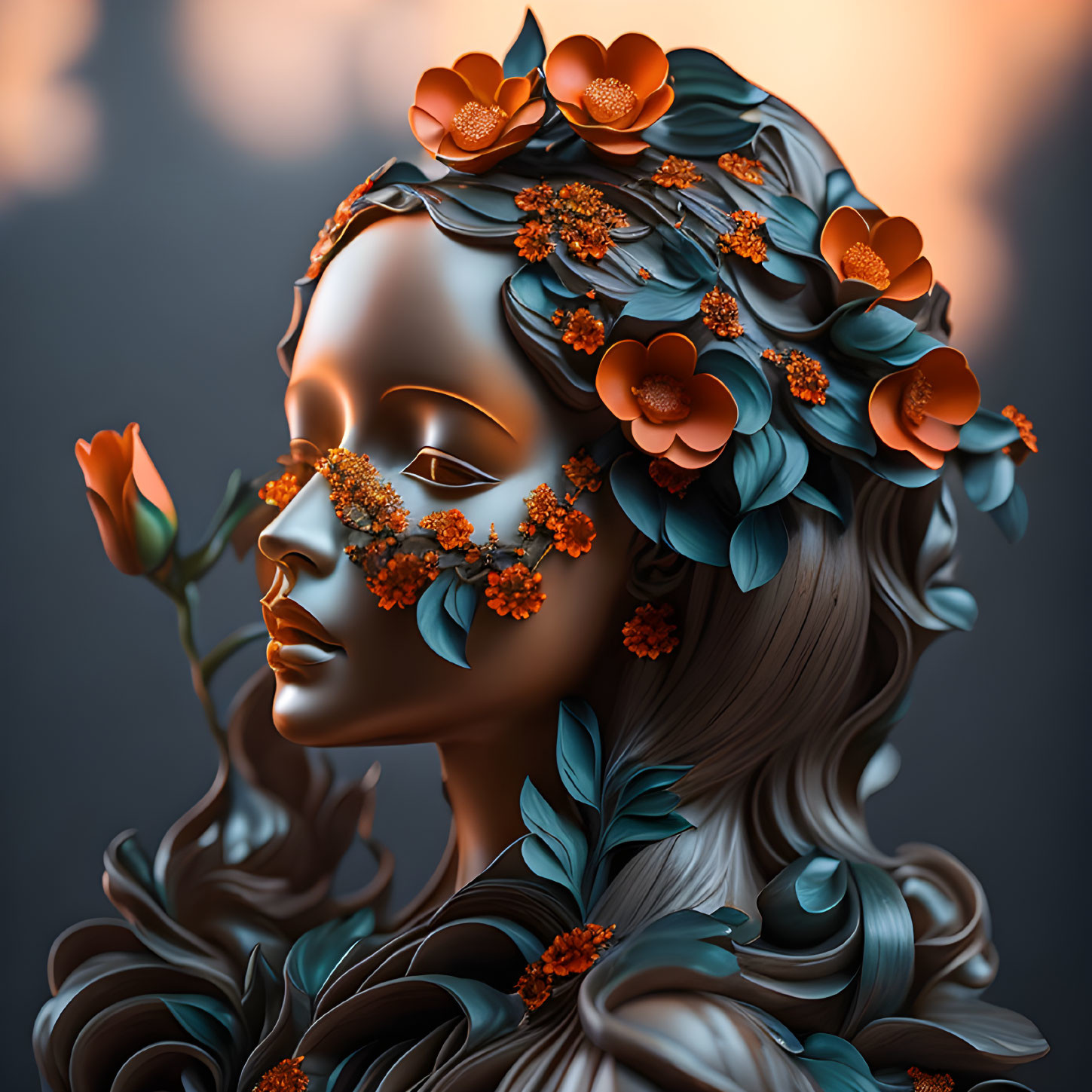 3D illustration of woman with floral hair and metallic skin on moody backdrop