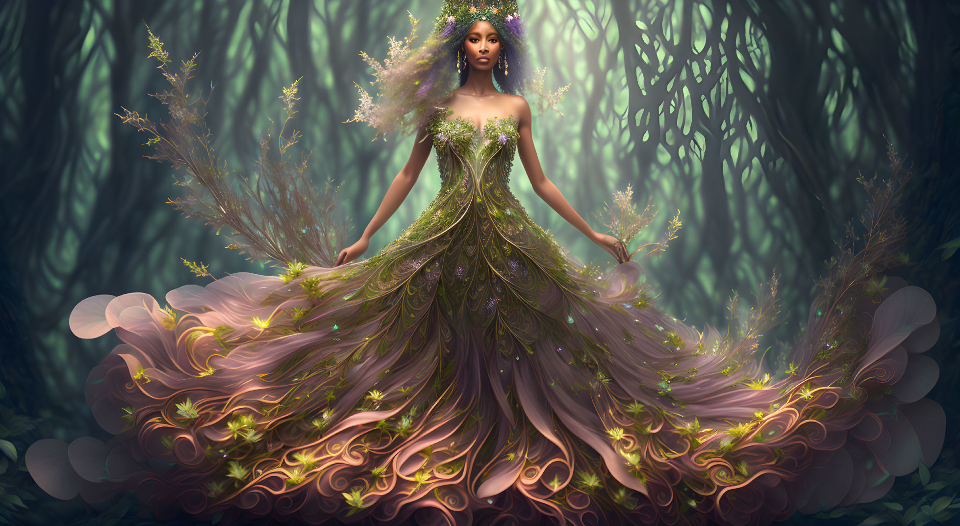 Majestic woman in nature-inspired gown in enchanted forest landscape