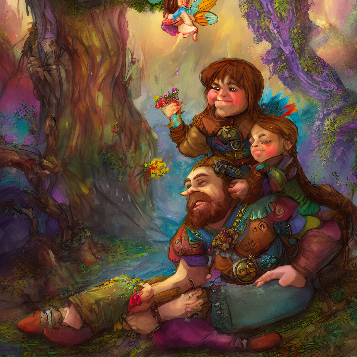 Fantasy family in enchanted forest with wings and bearded man