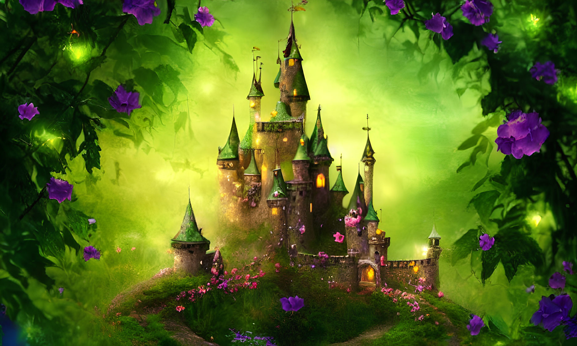 Enchanting castle in luminous forest with purple flowers & glowing orbs