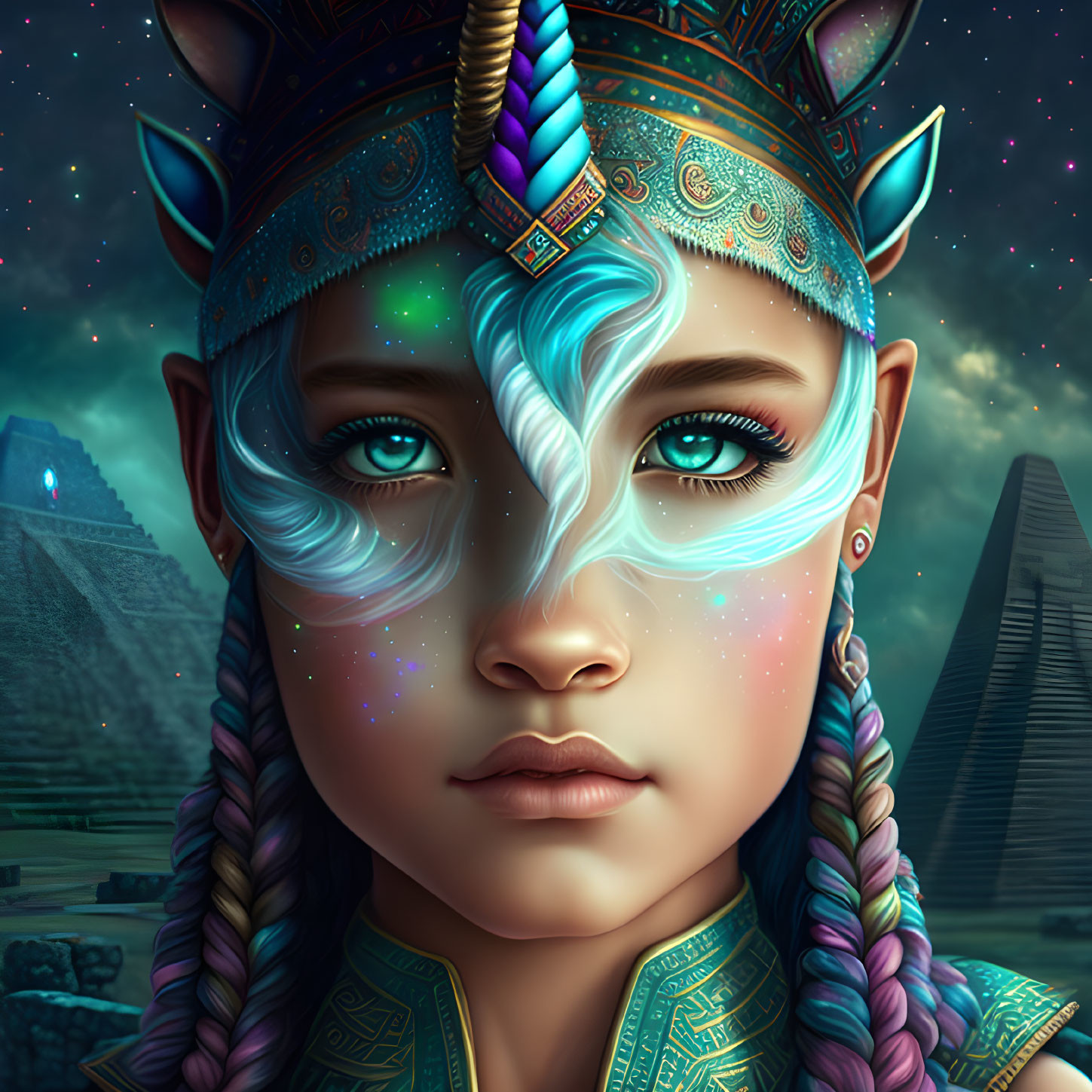 Fantastical portrait of girl with turquoise hair and tattoos in unicorn headdress.