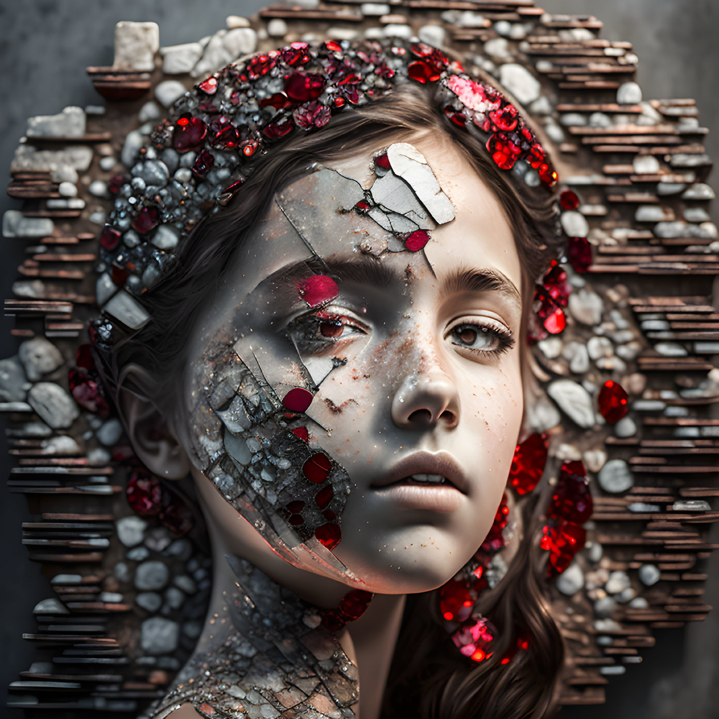 Digital artwork: Girl with cracked stone complexion and red gems, surrounded by textured sticks