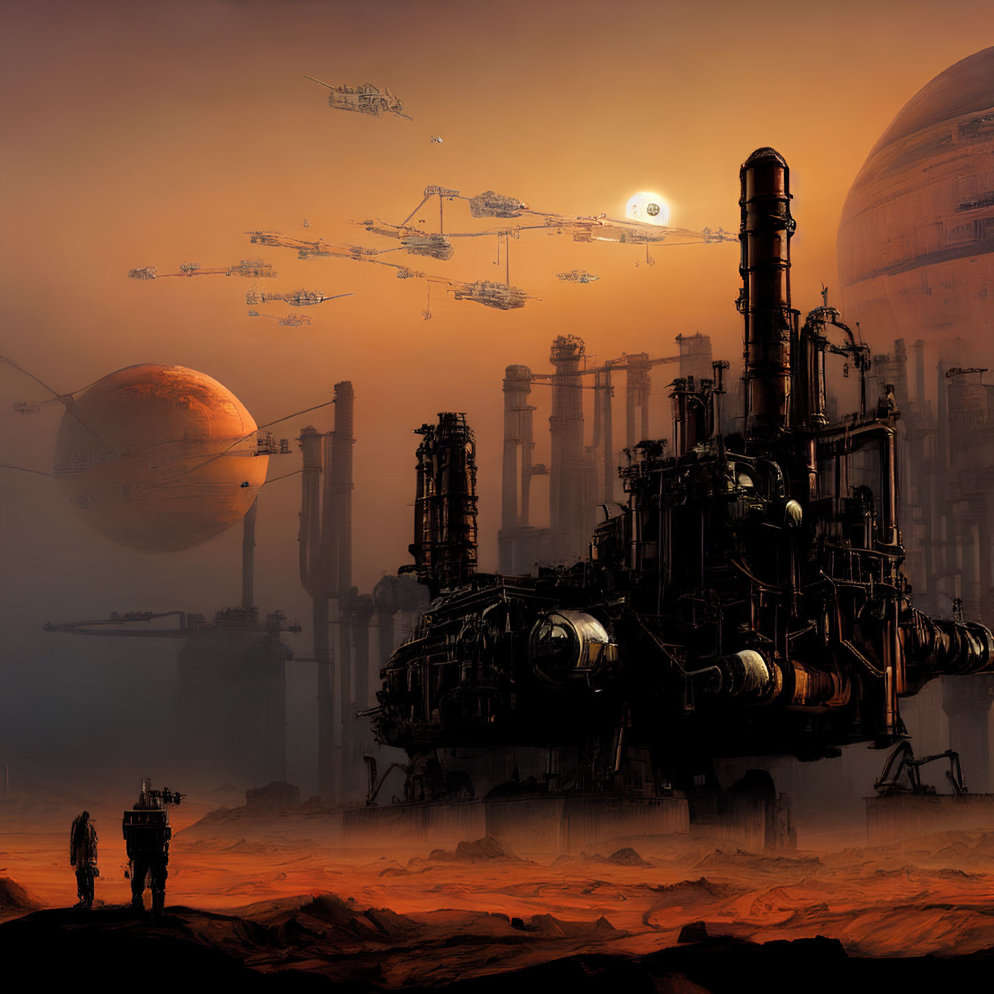 Sci-fi desert planet with industrial structures, hovering spaceships, and figures.