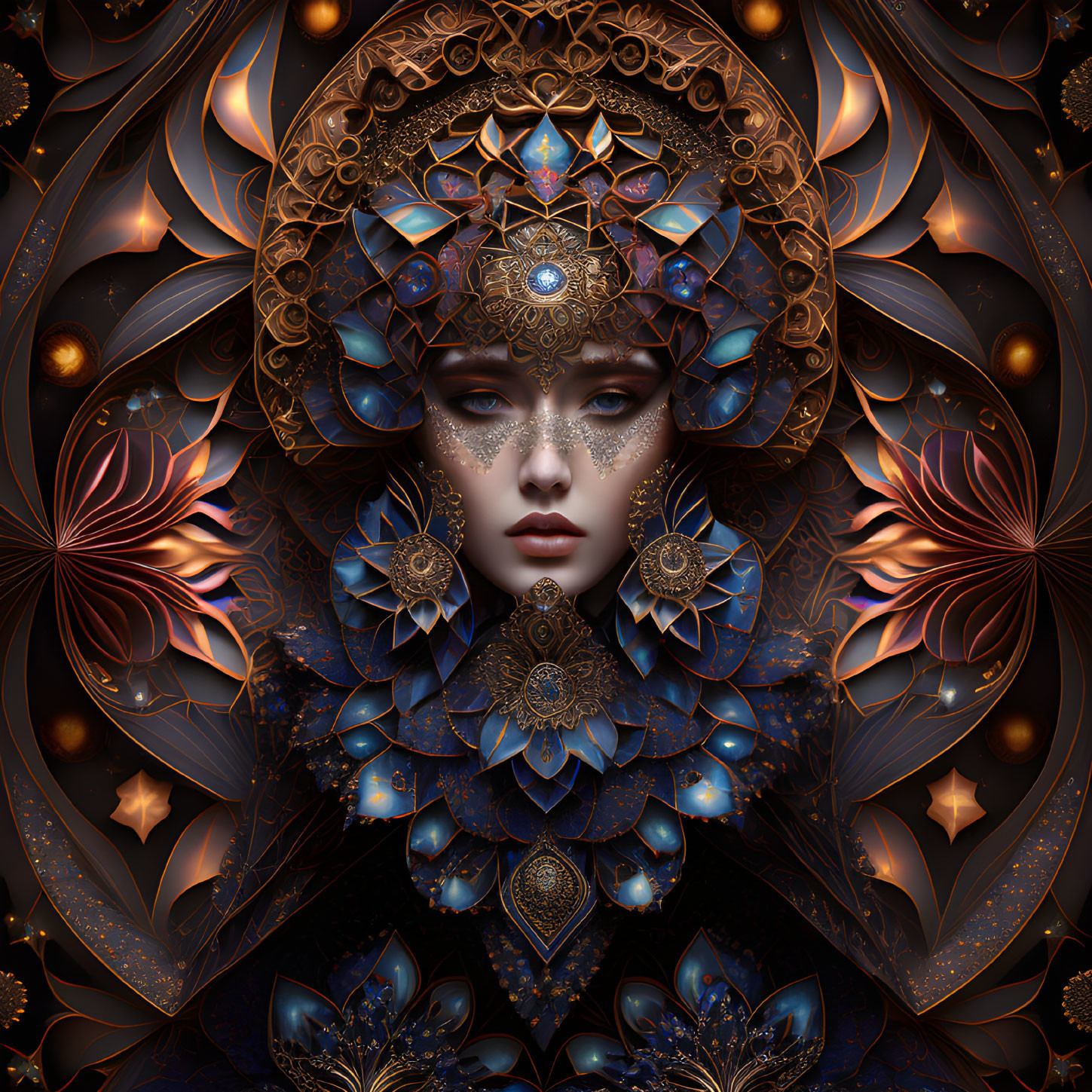 Intricate metallic and floral patterns on woman in surreal portrait