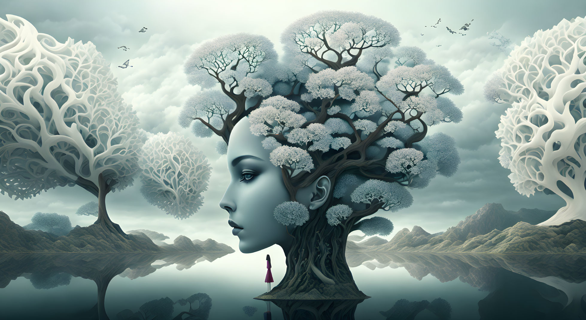 Surreal illustration: woman's profile merges with tree