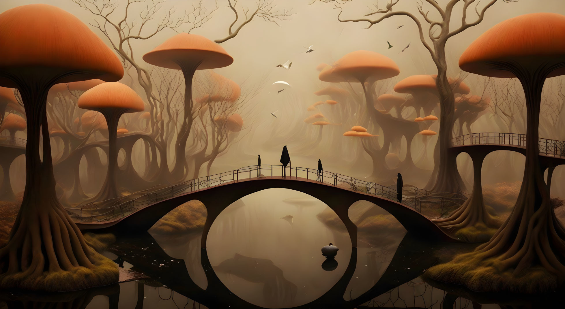 Mystical landscape with oversized orange mushrooms and eerie amber sky