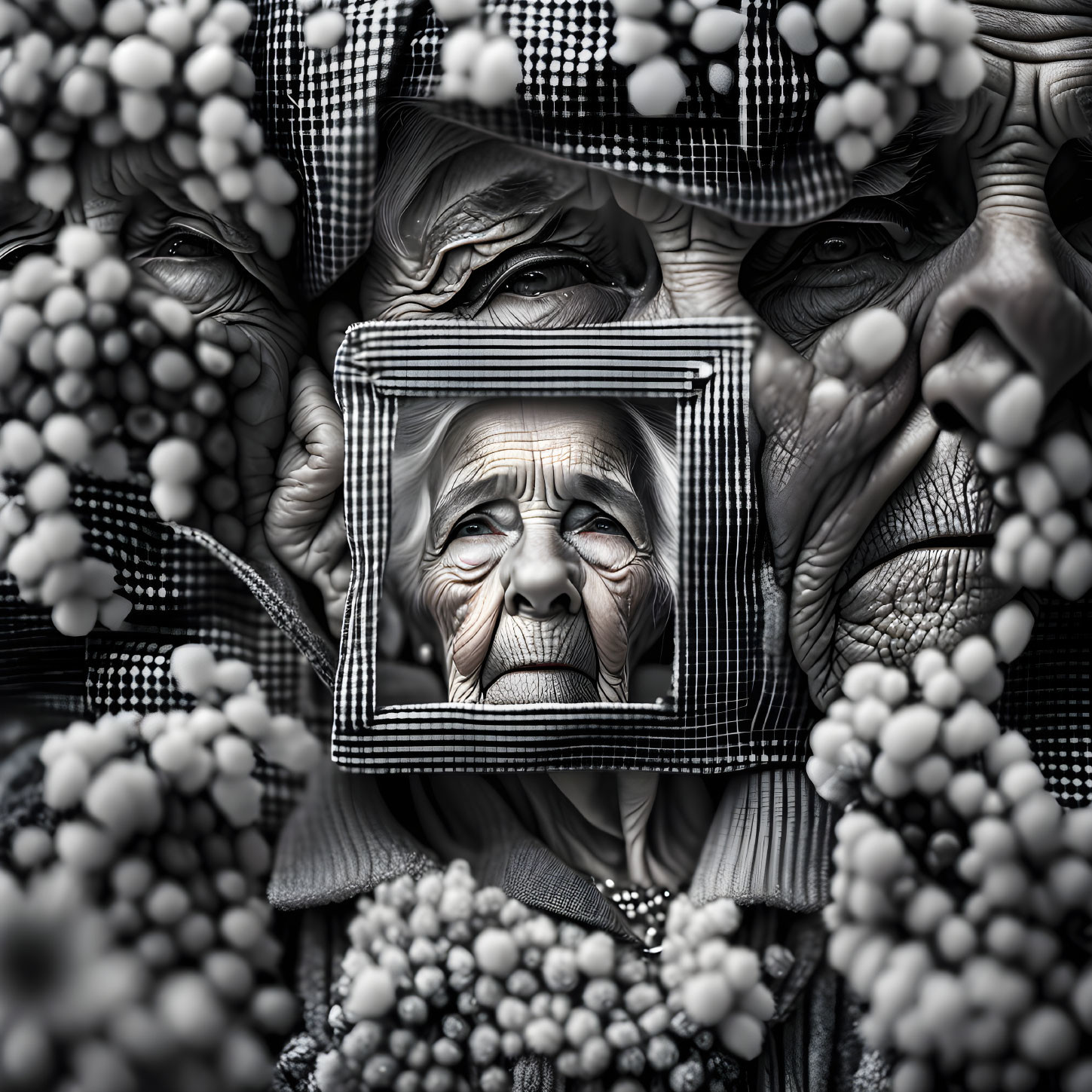 Multiple elderly faces with wrinkles in infinite mirror effect.