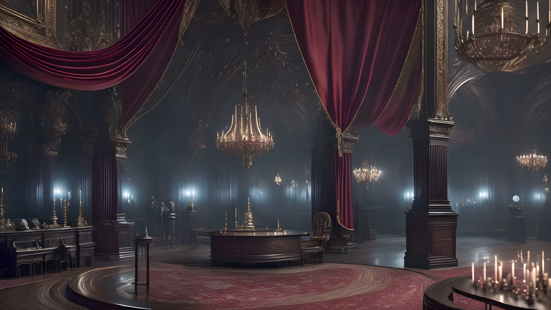 Opulent grand hall with dark wood columns and ornate chandeliers