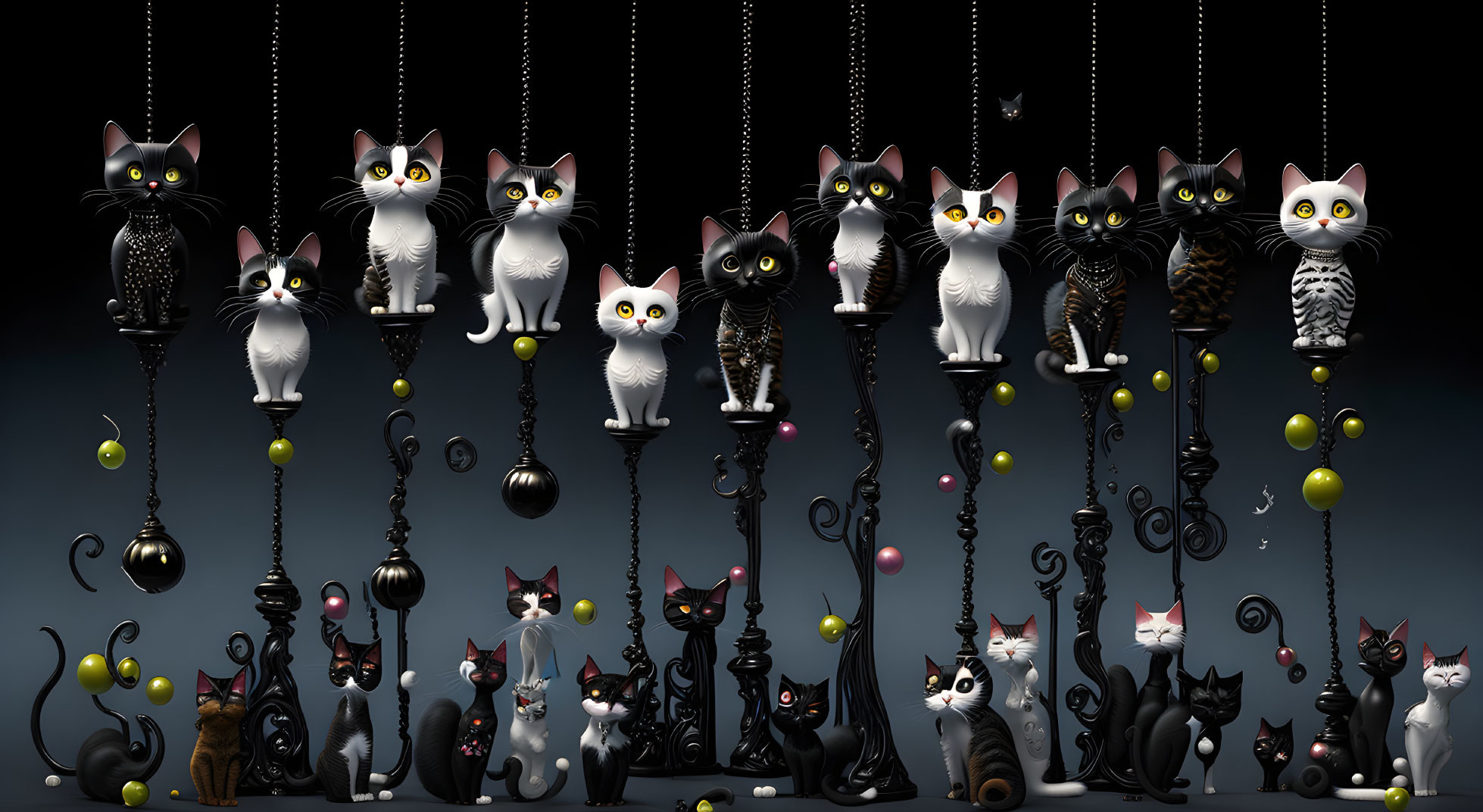 Stylized illustrated cats on ornate lampposts and swings against dark background