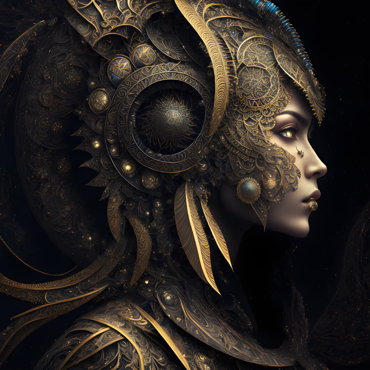 Detailed digital portrait of a woman with ornate gold-metallic headdress on dark background