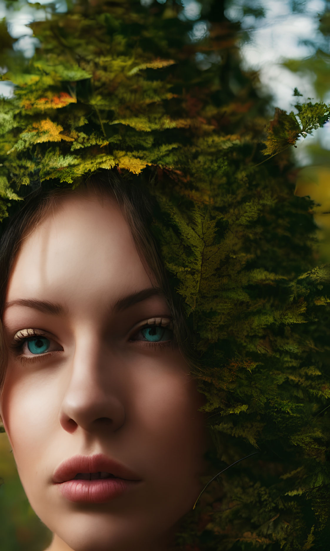 Woman with Striking Blue Eyes Peeking Through Fern Leaves