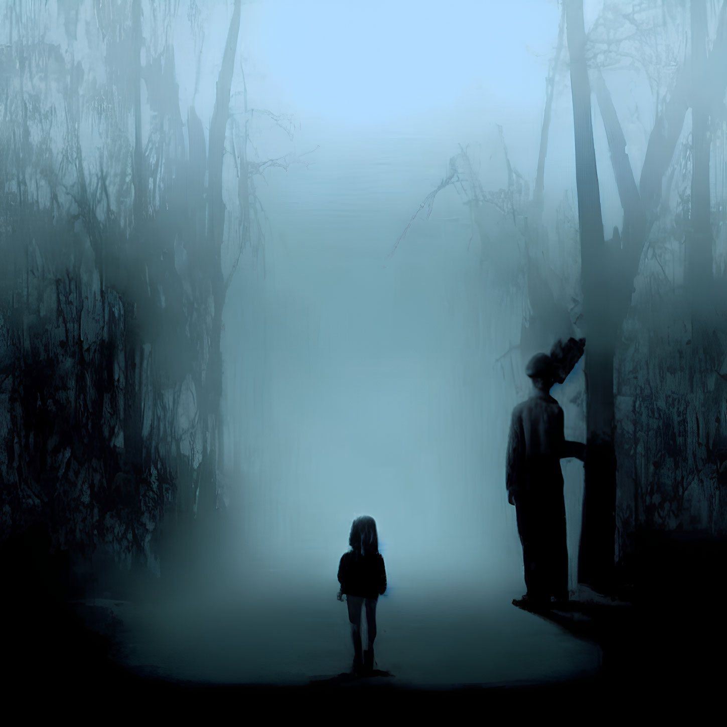 Child standing on foggy path with shadowy figures and silhouetted trees.