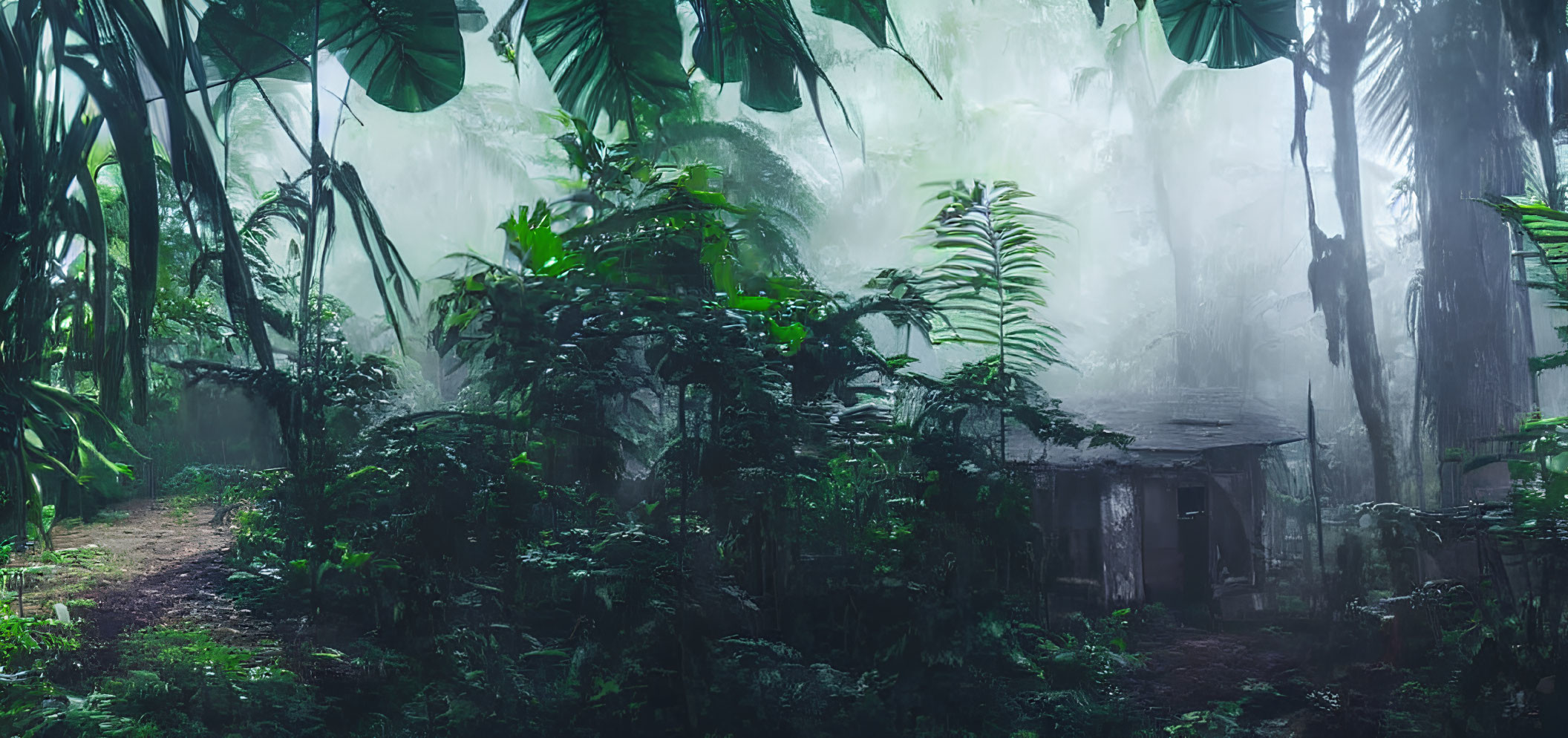 Abandoned hut in misty forest with lush green foliage