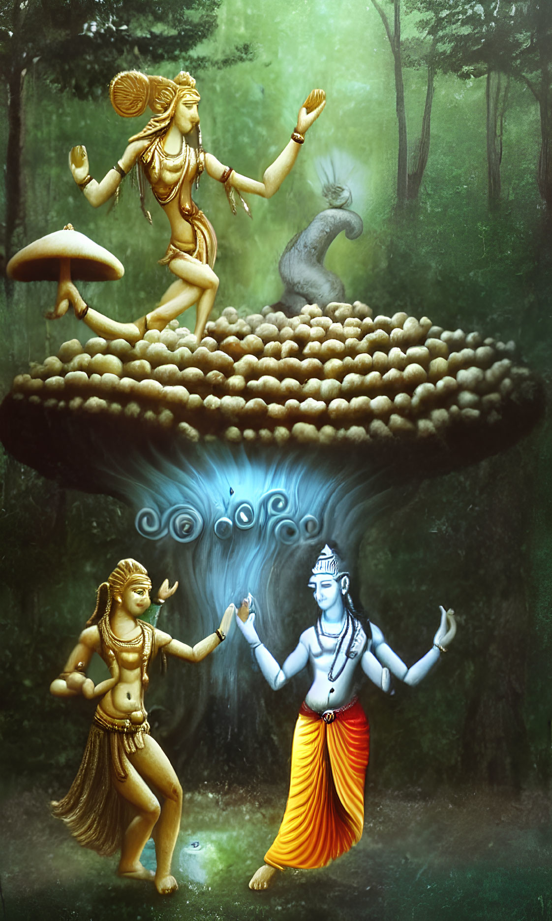 Stylized artwork of Hindu deities dancing under giant mushroom