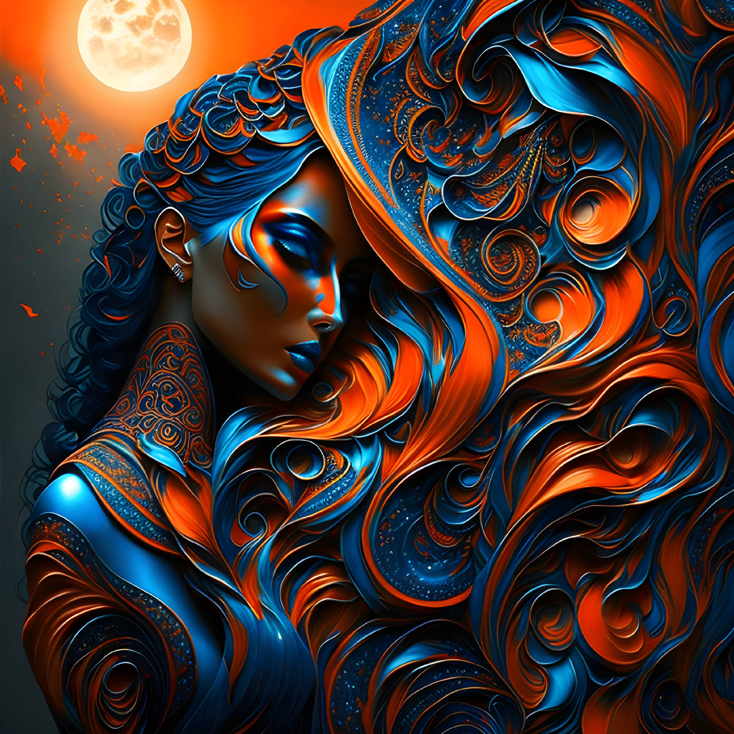 Colorful artwork: Woman with blue and orange hair in moonlit night scene