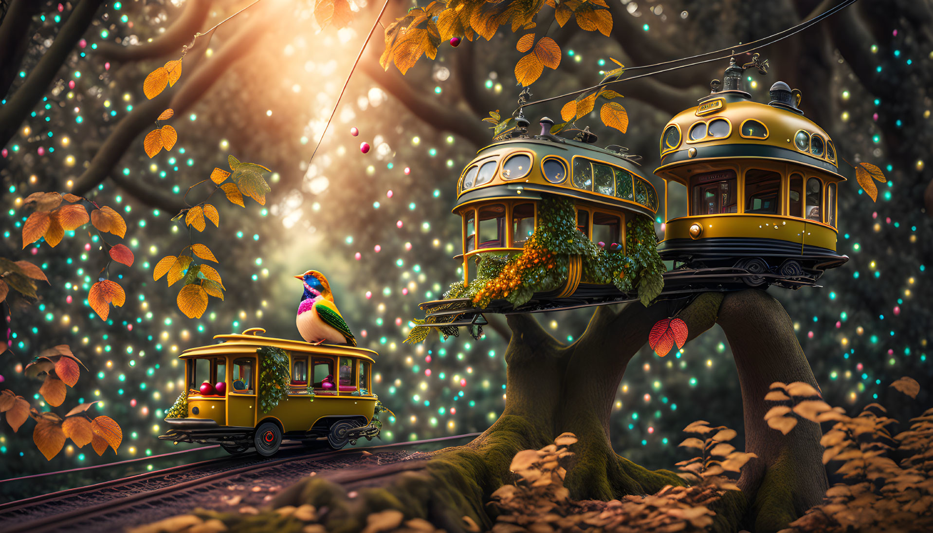 Enchanting forest scene with whimsical treehouses on vibrant tram tracks