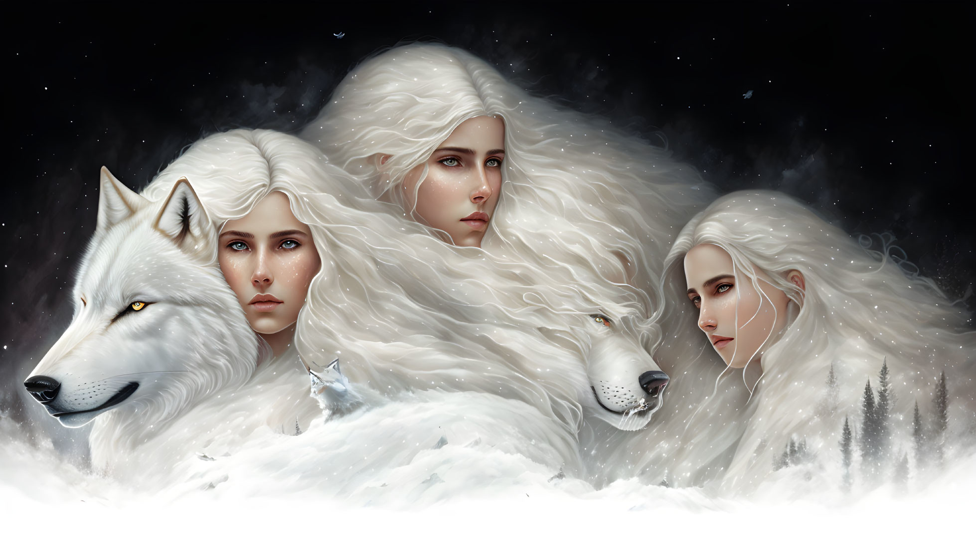 Three Women with White Hair and White Wolves in Snowy, Starry Scene