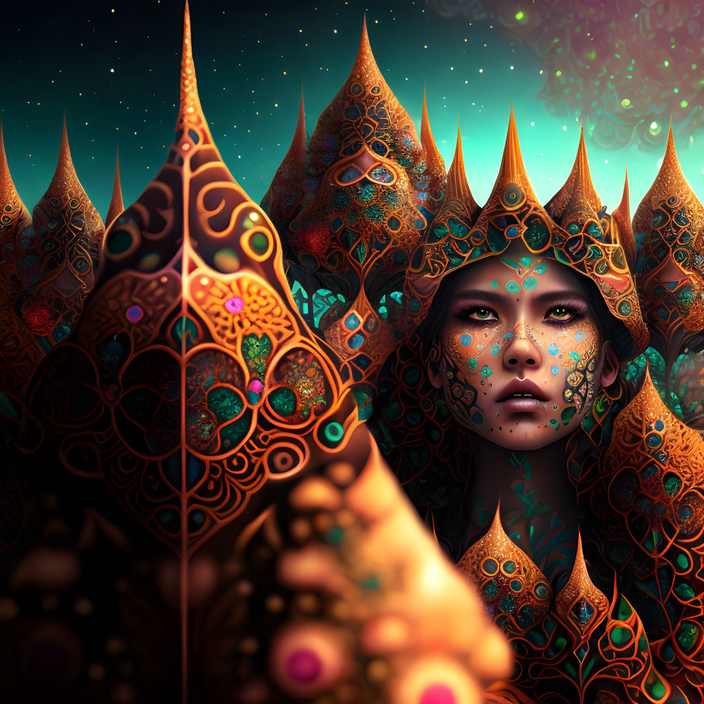 Fantastical portrait of gem-studded figure under starry sky