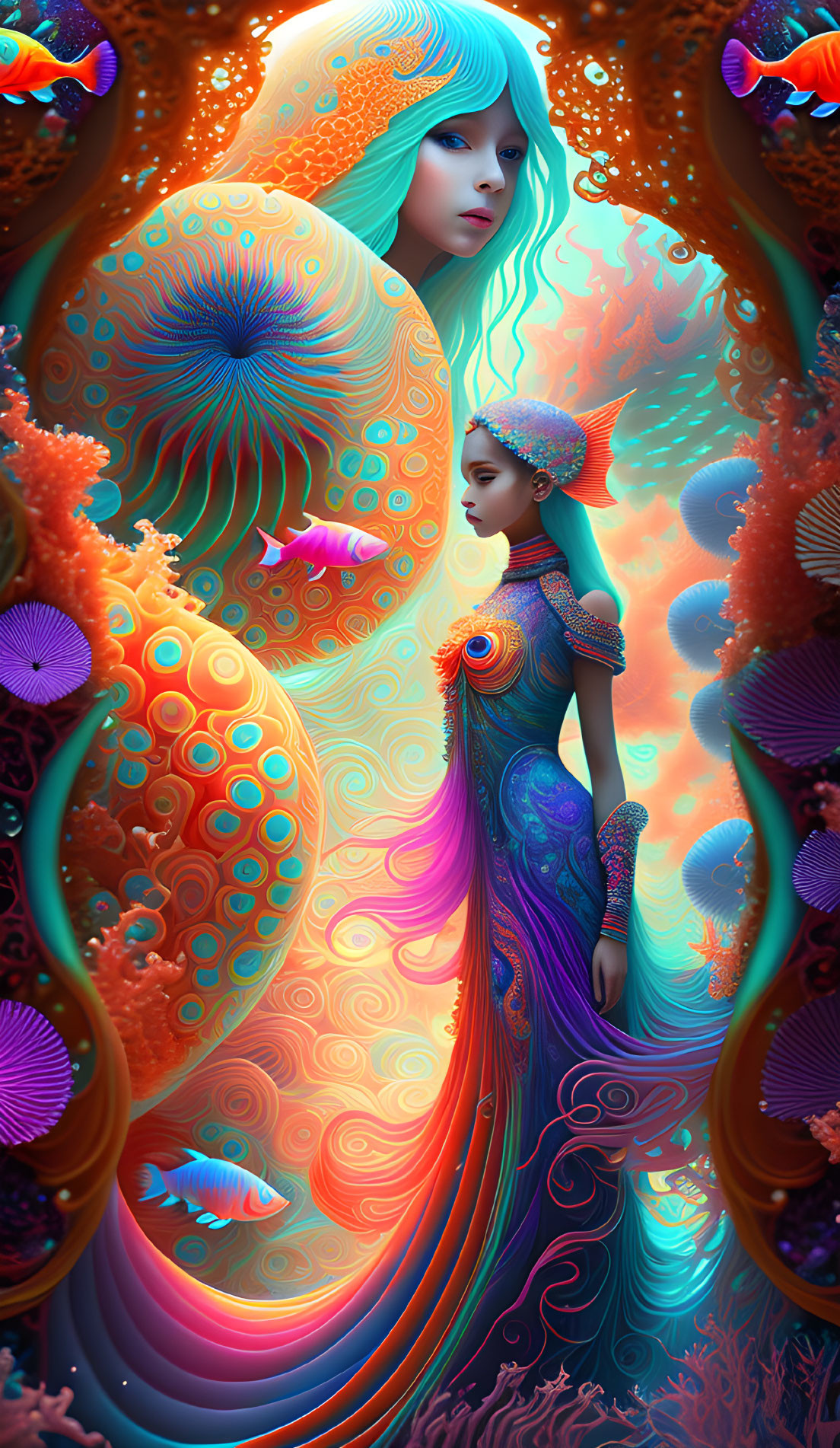 Digital Artwork: Ethereal Women with Aquatic Features and Marine Motifs