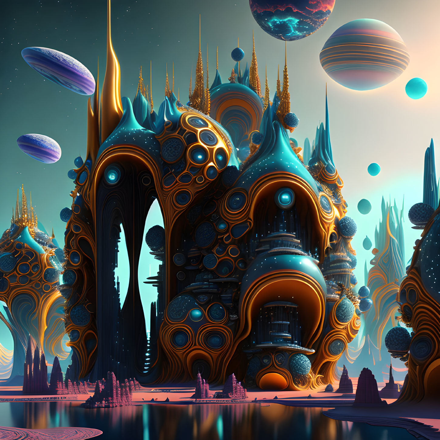 Surreal sci-fi landscape with organic structures and distant planets