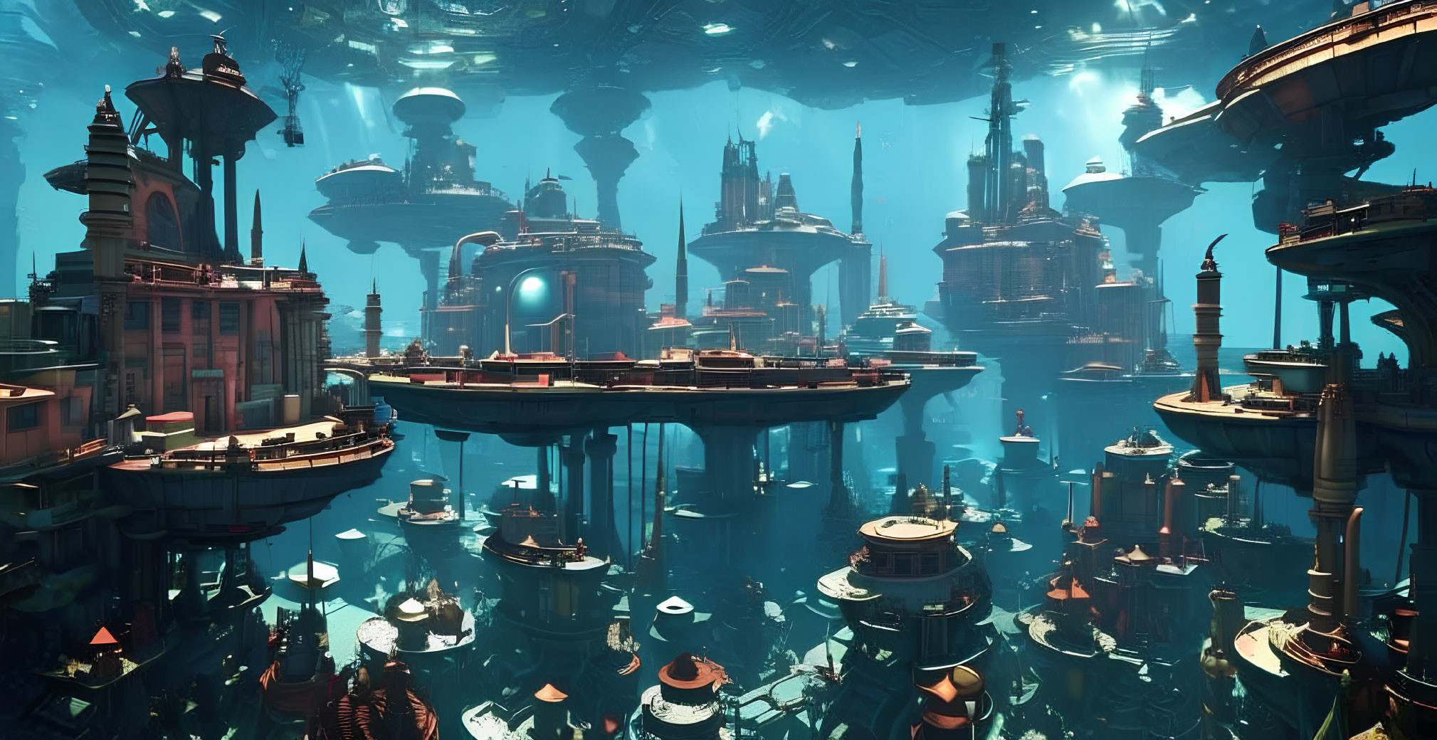 Futuristic cityscape with towering structures and floating platforms