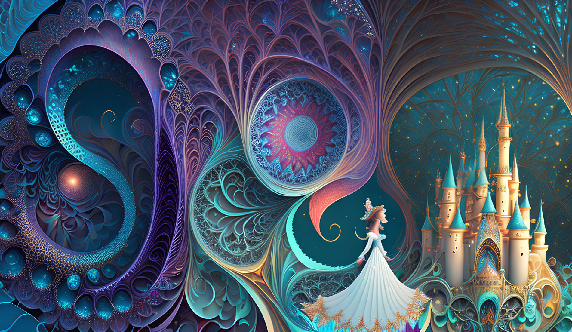 Colorful fractal design with castle and figure in white gown