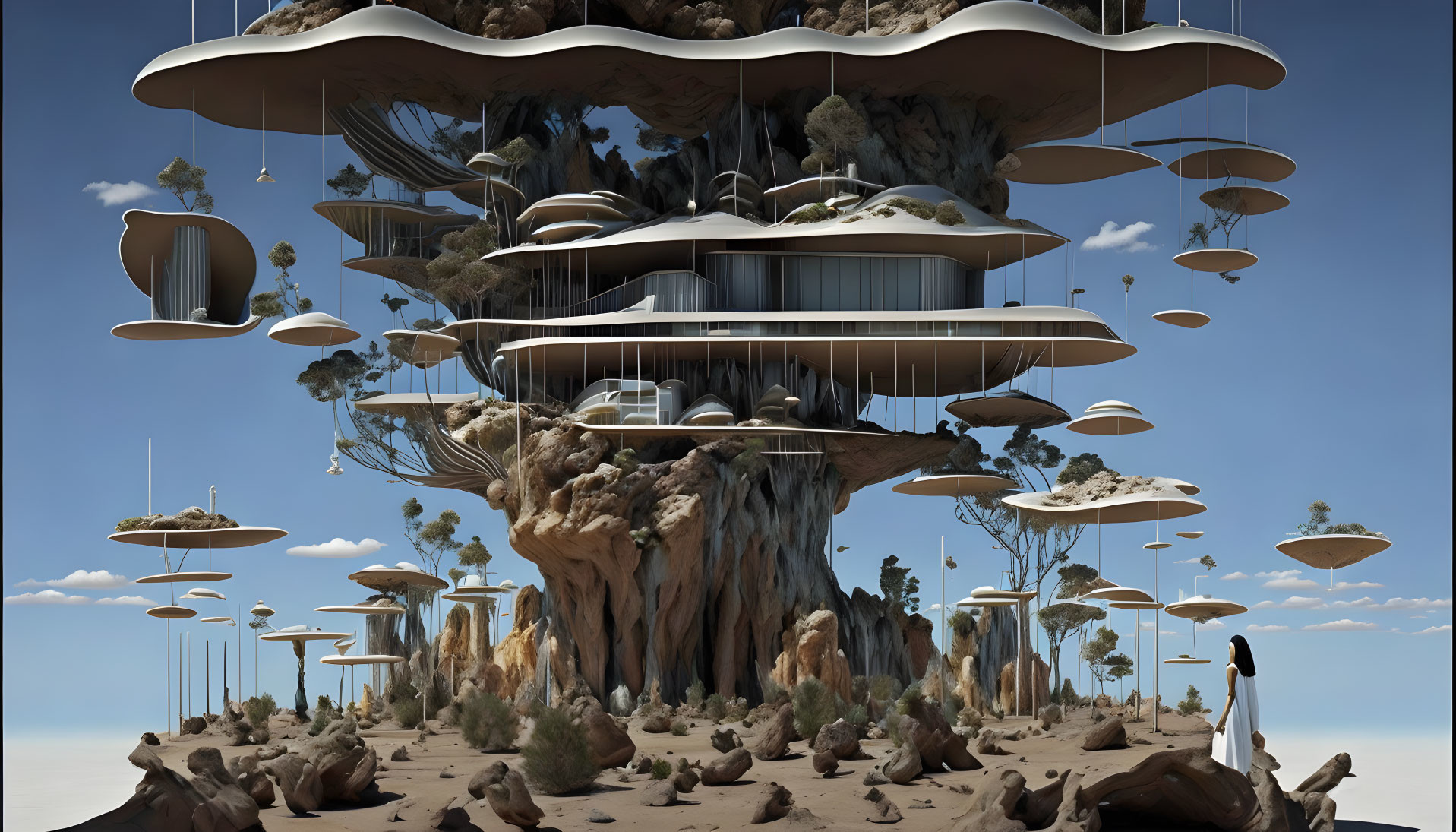 Futuristic tree-like structure in desert landscape