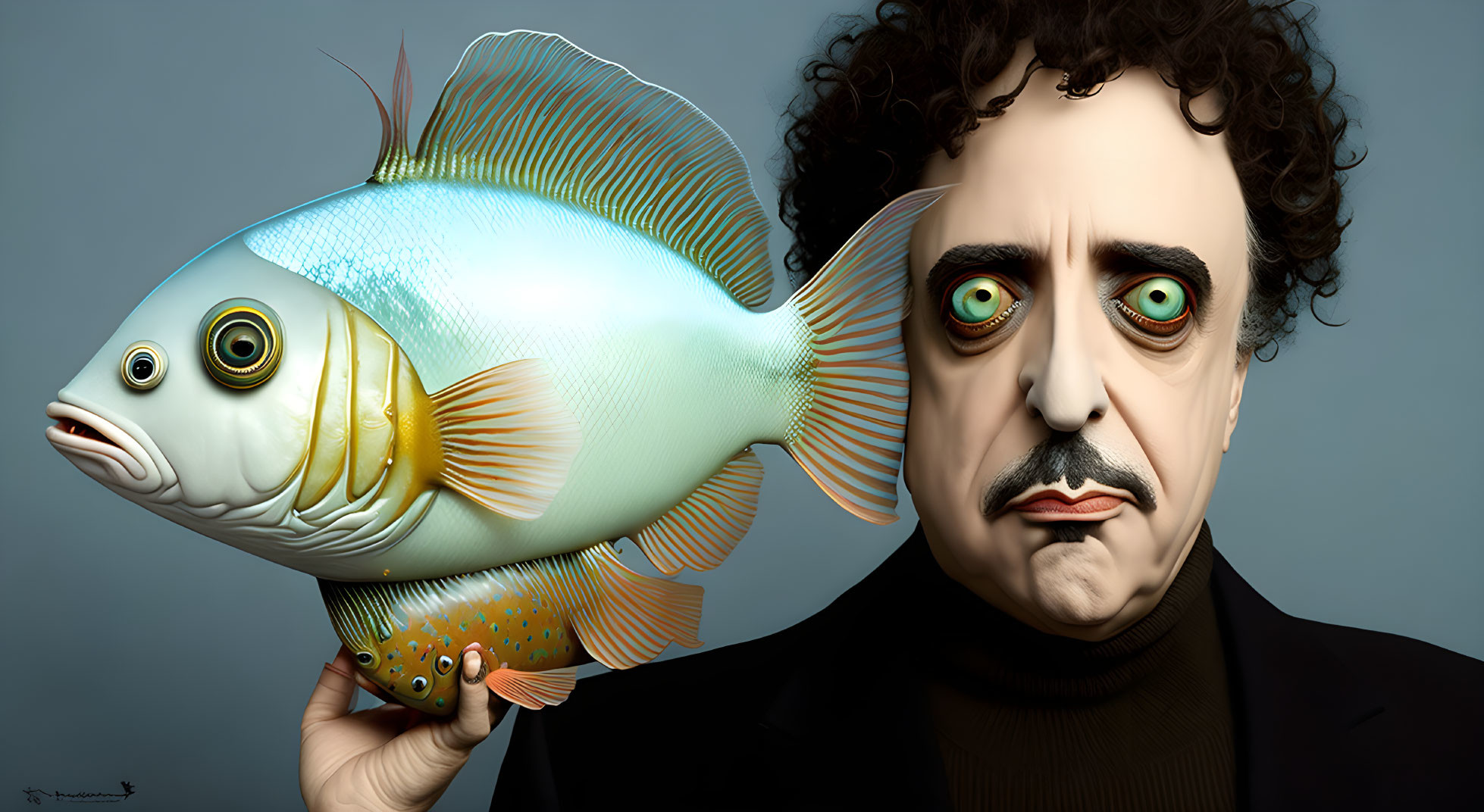 Surreal illustration of man's face merging with large fish