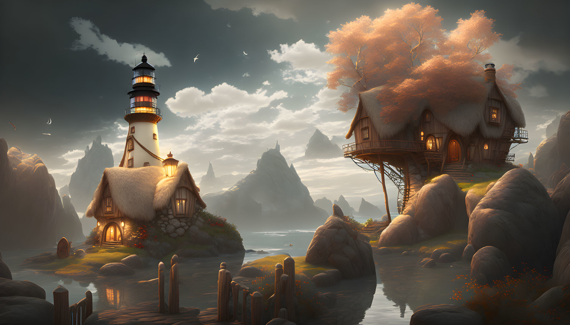 Coastal Fantasy Landscape with Lighthouse, Cottage, Treehouse at Sunset