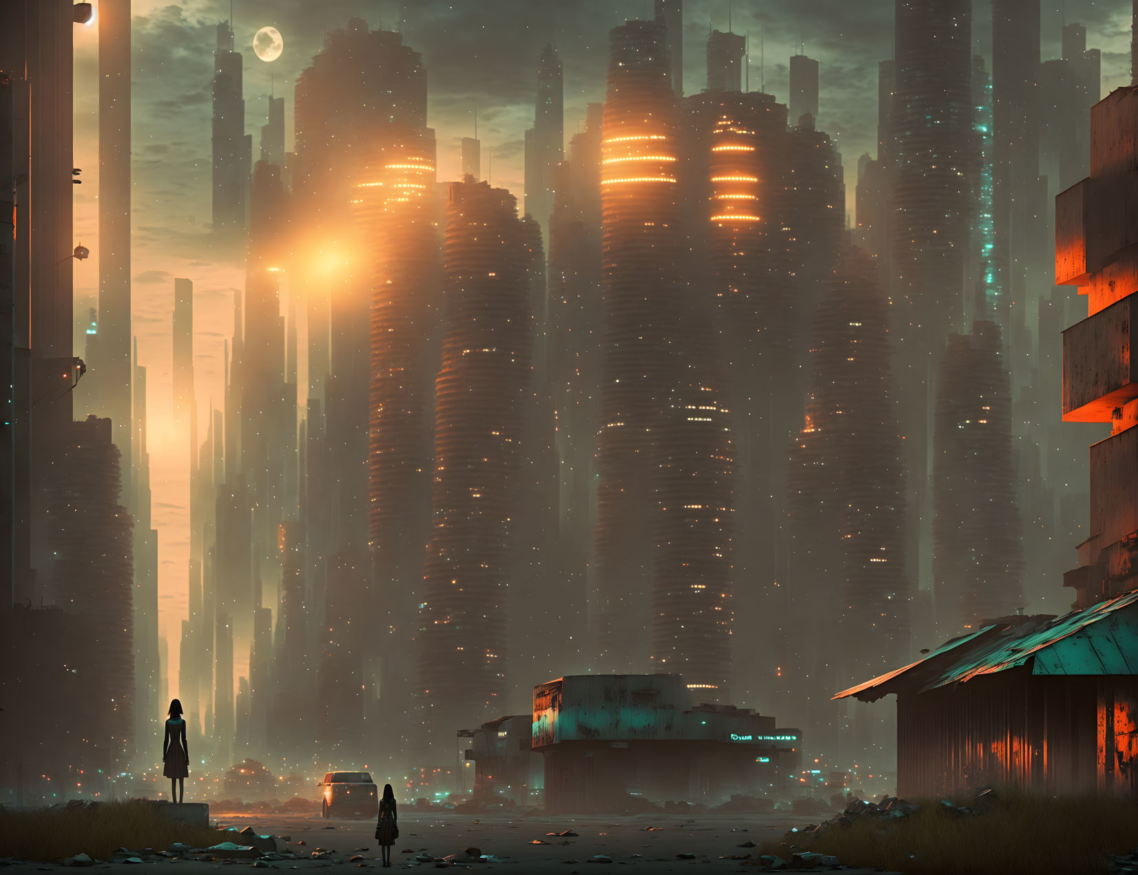 Dystopian cityscape at dusk with towering buildings and silhouetted figures