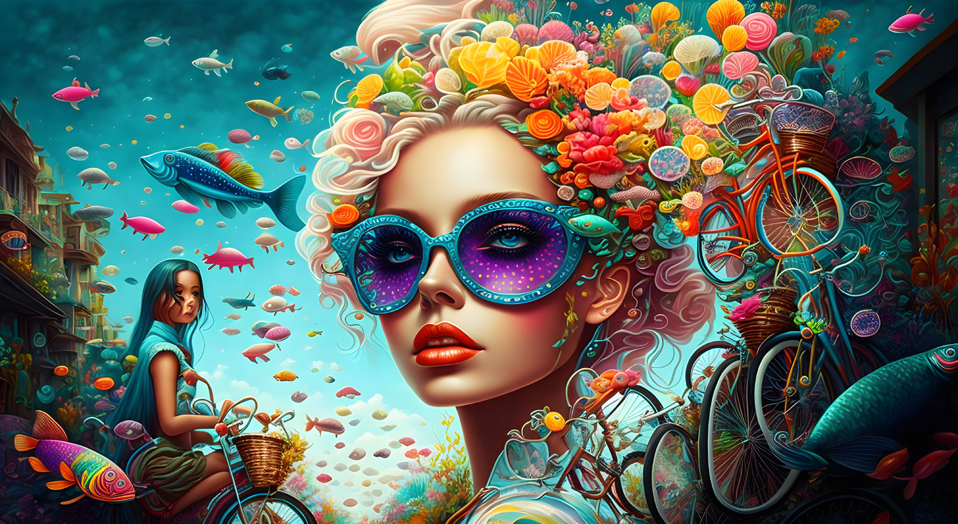 Colorful artwork: woman with floral hair, sunglasses, fish, girl with bike in whimsical scene