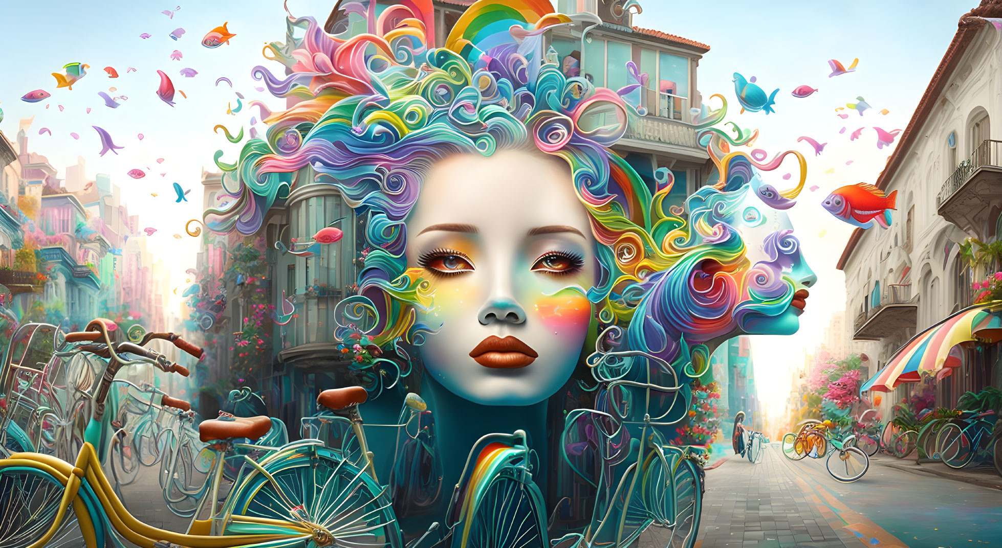 Colorful Artwork: Woman with Multicolored Hair in Whimsical Cityscape