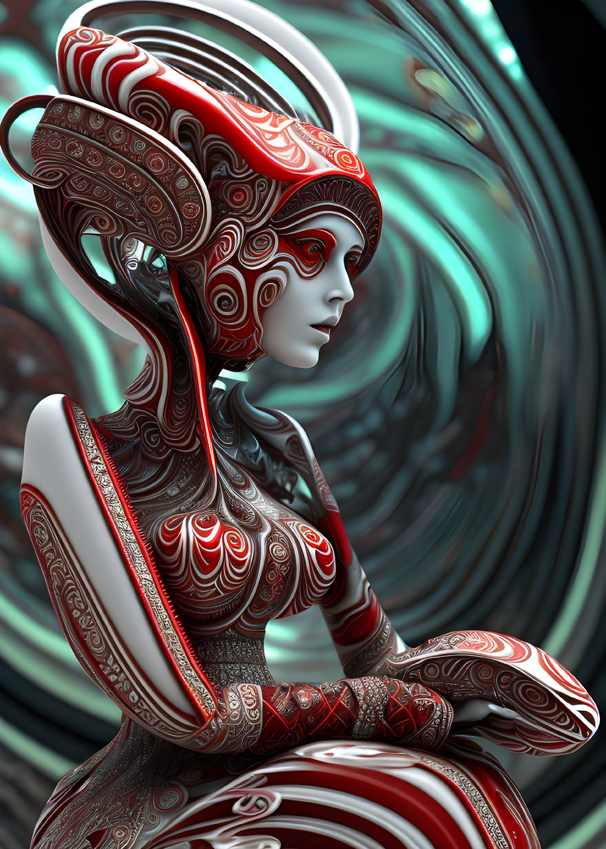 Intricate Red and White Patterned Female Figure in 3D Art