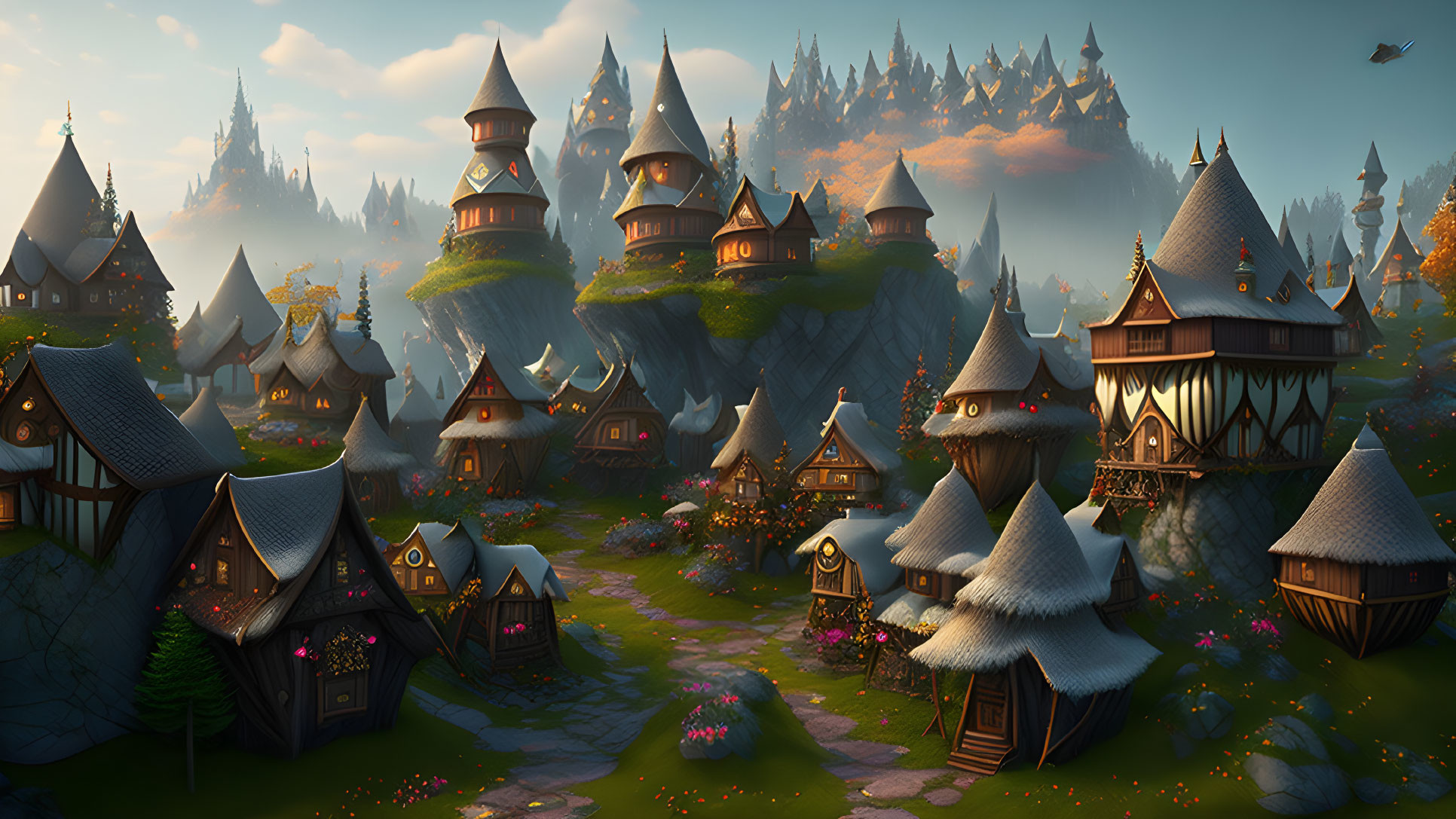 Tranquil fantasy village with thatched-roof cottages and misty mountains