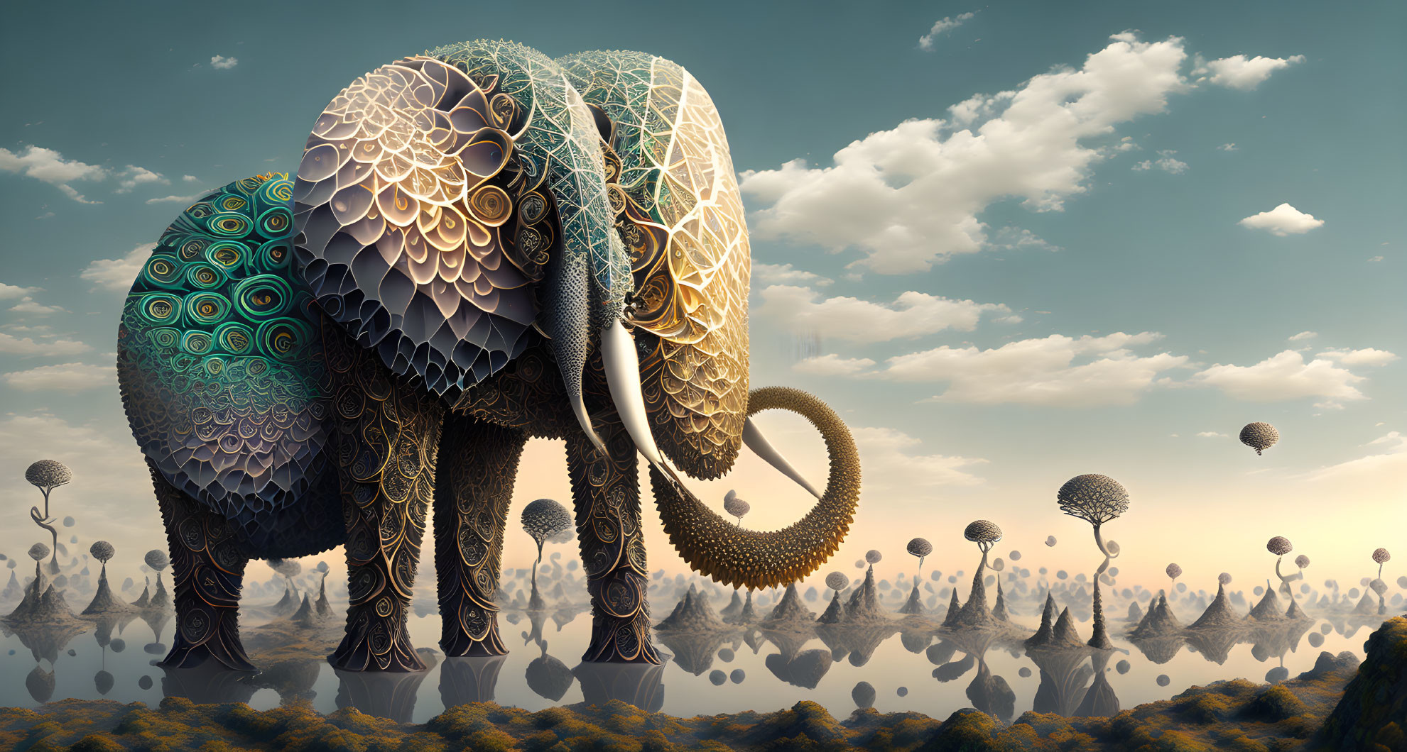 Detailed surreal artwork: Ornate elephant in fantastic landscape