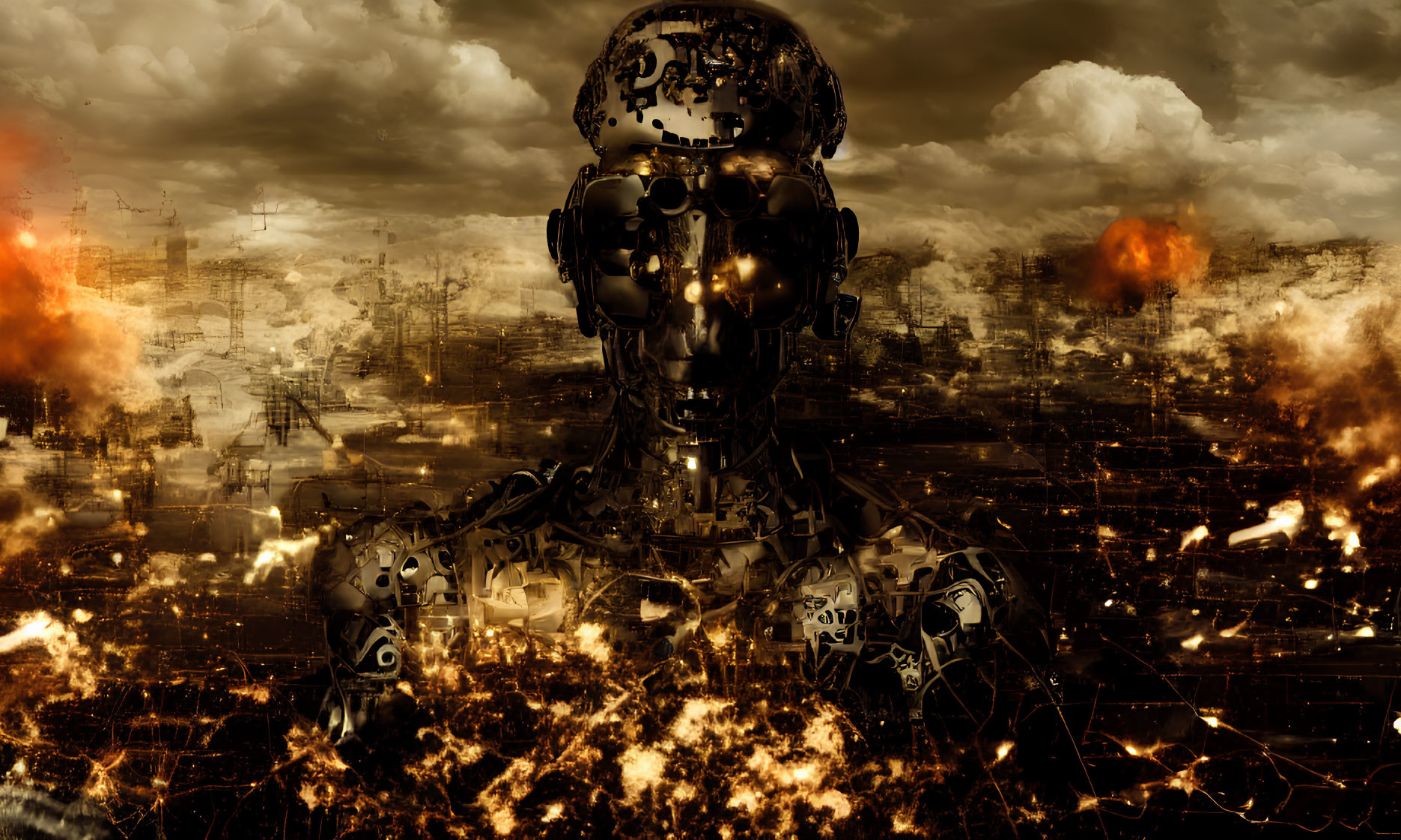 Robot in fiery post-apocalyptic landscape with burning buildings